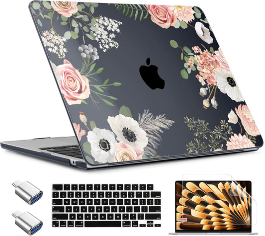 TWOLSKOO Compatible with M4 MacBook Air 15 inch Case 2025-2023 Released Model M4 A3241 M3 A3114 M2 A2941, Plastic Hard Shell & Screen Protector & Keyboard Cover & Type C Adapter, Rose Flower