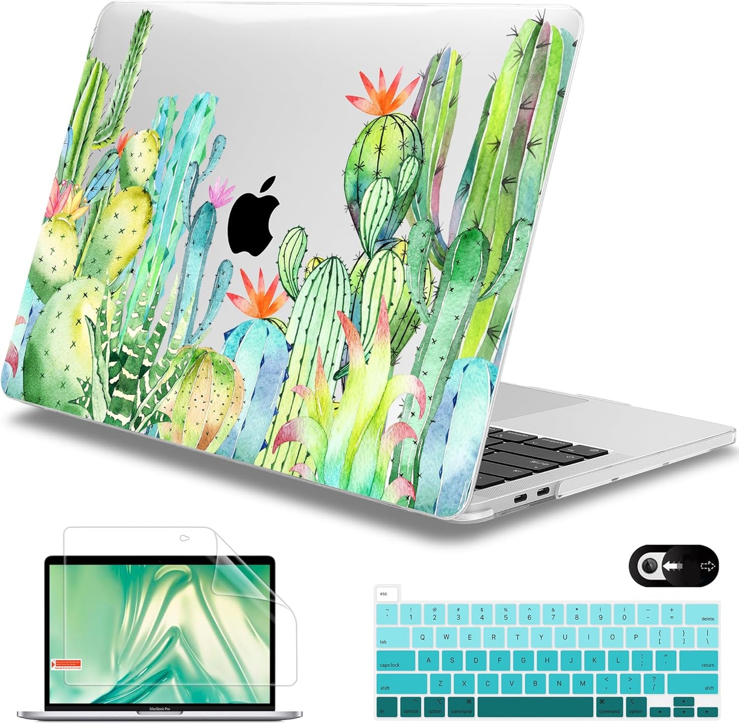 Mektron for MacBook Pro 13 inch Case 2022 2020 Release A2338 M2 M1 A2289 A2251, Printing Plastic Hard Shell Cover with Keyboard Skin for New MacBook Pro 13.3-inch Touch Bar,Watercolor Cactus