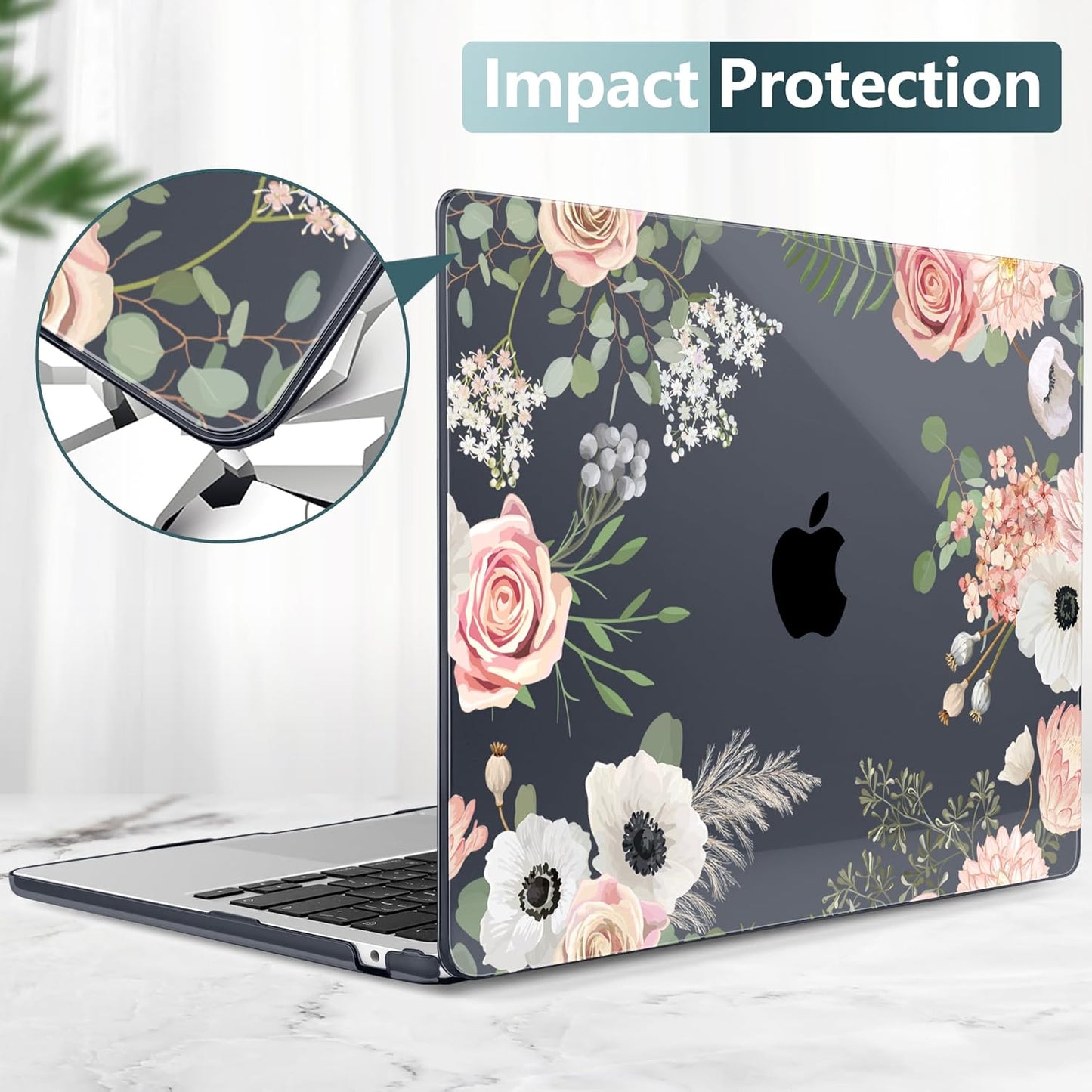 TWOLSKOO Compatible with M4 MacBook Air 13.6 inch Case 2025-2022 Release M4 A3240 M3 A3113 M2 A2681, Plastic Hard Shell & Keyboard Cover & Type C Adapter & Screen Protector, Rose Flower