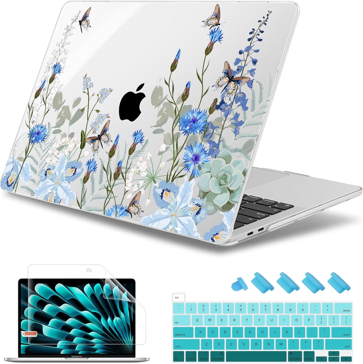 May Chen Compatible with MacBook Pro 13 inch Case with Touch Bar 2022 2021 2020 Release A2338 M1/M2 A2251 A2289, Plastic Hard Shell Case with Keyboard Cover + Dust Plug, Blue Flowers Leaves