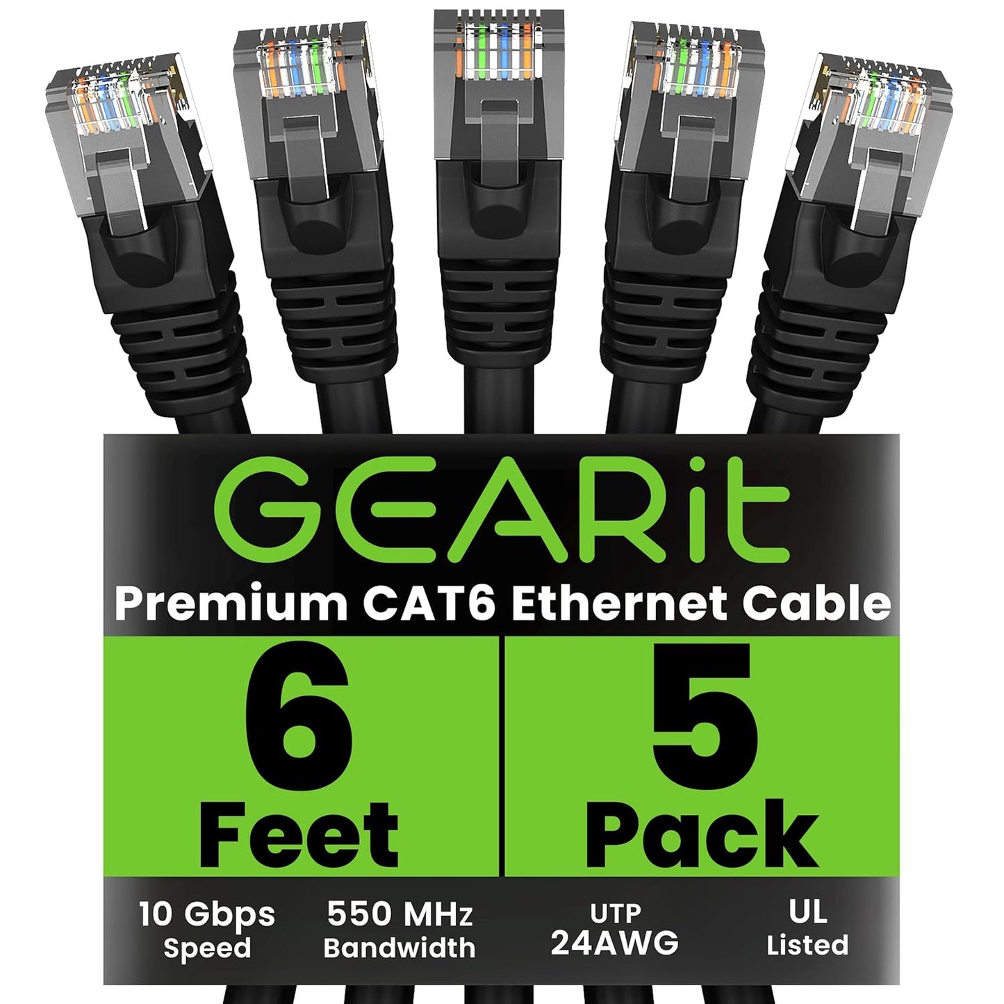 GEARit Cat 6 Ethernet Cable Pack - 5-Pack 6 ft Cat6 Ethernet Patch Cables | RJ45 Network Patch Cable, 10 Gbps Snagless Gold-Plated Connectors - Ethernet Cable Cat 6 for PC, TV, Router - Black