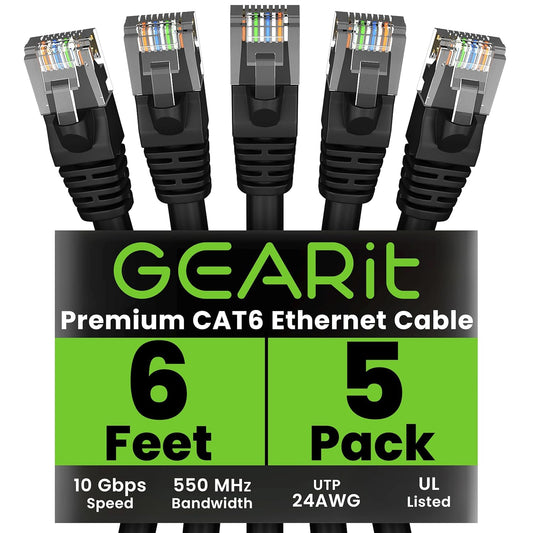 GEARit Cat 6 Ethernet Cable Pack - 5-Pack 6 ft Cat6 Ethernet Patch Cables | RJ45 Network Patch Cable, 10 Gbps Snagless Gold-Plated Connectors - Ethernet Cable Cat 6 for PC, TV, Router - Black