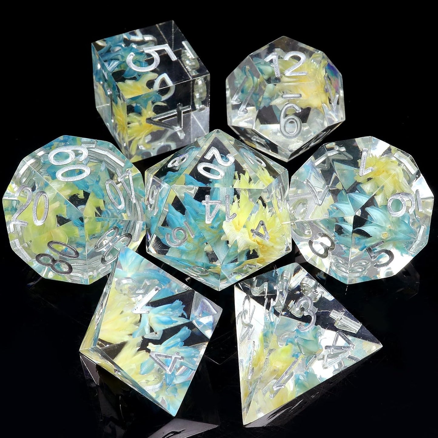 Haxtec Flower DND Dice Set Sharp Edge Dice with Dice Case Handmade Blue Yellow Resin D&D Dice Set for TTRPGs Compatible with Dungeons and Dragons Gifts