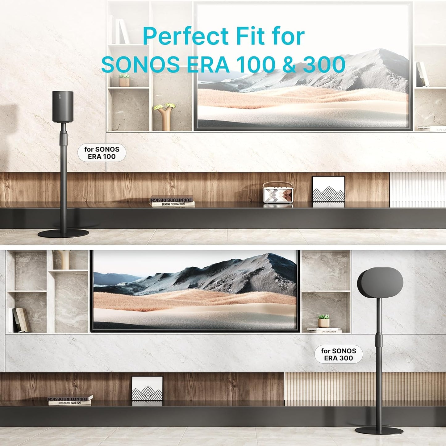 Adjustable Height Speaker Stands Compatible with SONOS Era 300 and Era 100, Height Adjustable up to 42.6'', Floor Stands with Cable Management, Speaker Mount, Black, 2 Pack (Pair)