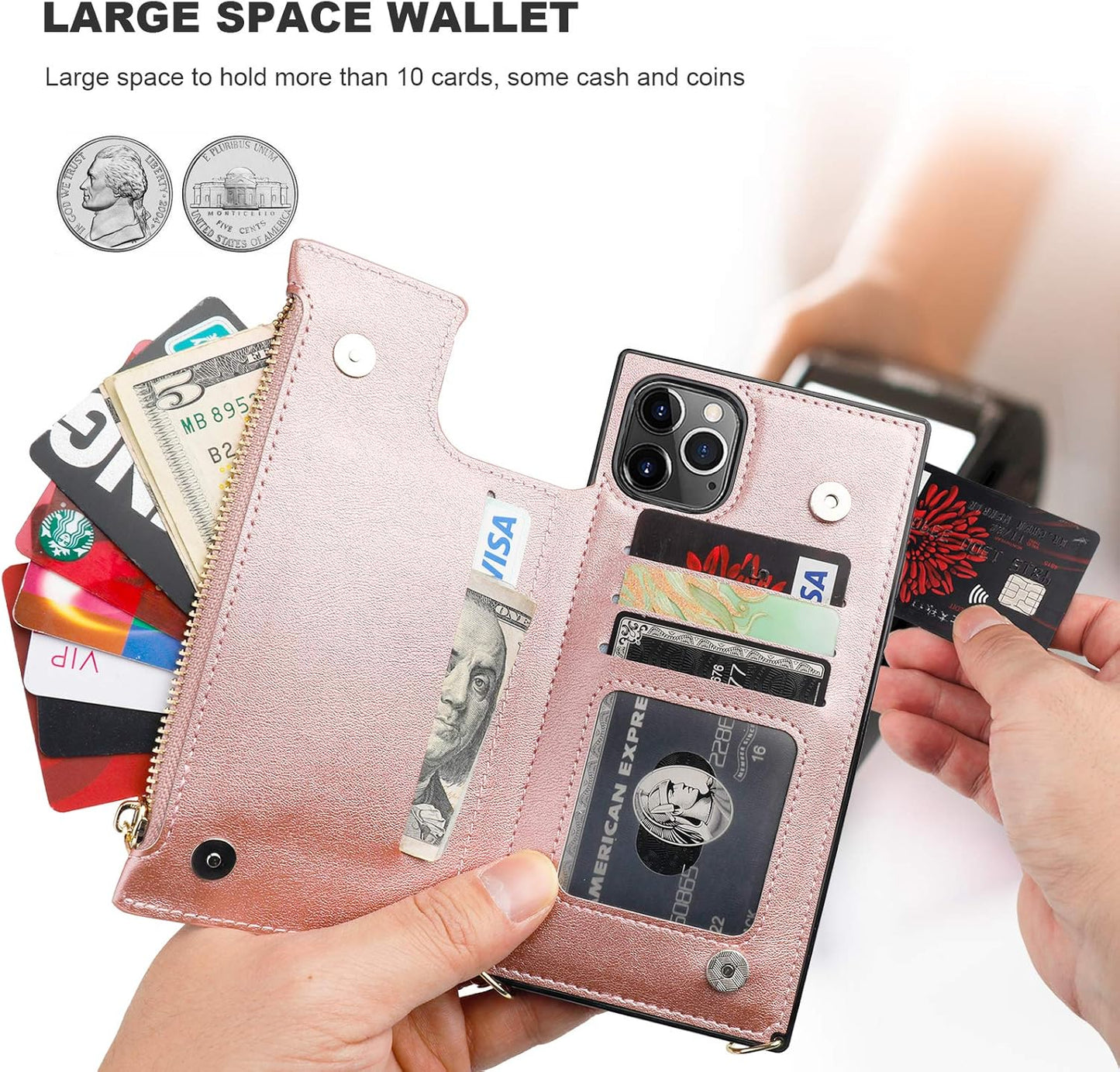 Bocasal Crossbody Wallet Case for iPhone 11 Pro Max with Card Holder,Zipper Card Slot Protector Shockproof Purse Cover with Removable Cross Body Strap 6.5 Inch(Rose Gold)