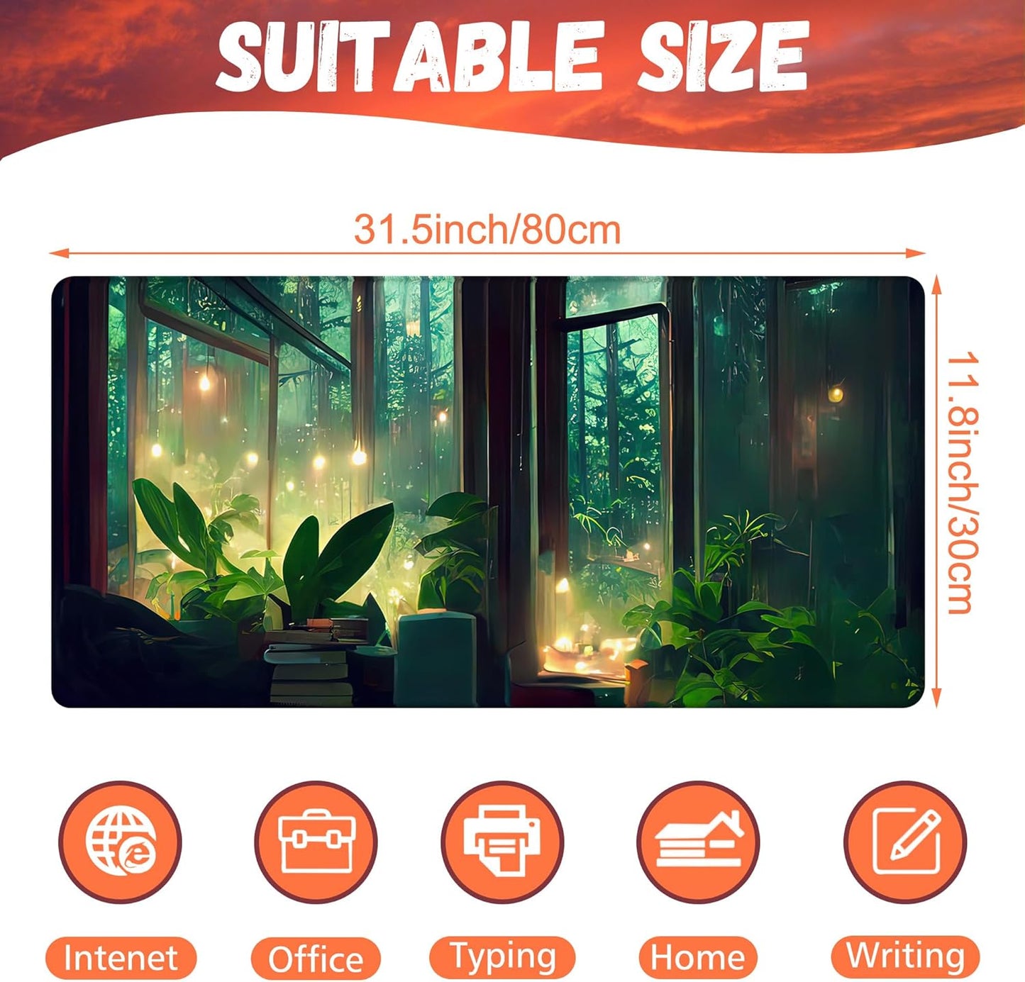 Desk Mat, Window View of Forest Desk Pad, Green Atmosphere Large Gaming Mouse Pad for Desk, 31.5"x15.7" Extended Big Computer Keyboard Mouse Pad with Non-Slip Base and Stitched Edge