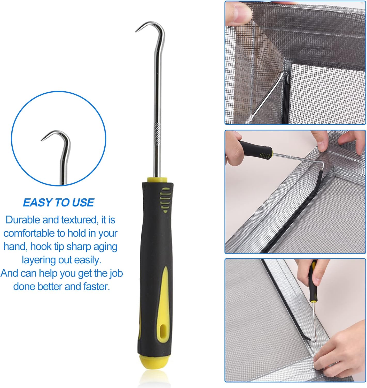 BAYTORY Upgrade Window Screen Repair Kit, Steel/Nylon Roller Tool with Bearing, Spline Removal Hook and 12Pcs Screen Clips Replacement for Installing Door Mesh Screens