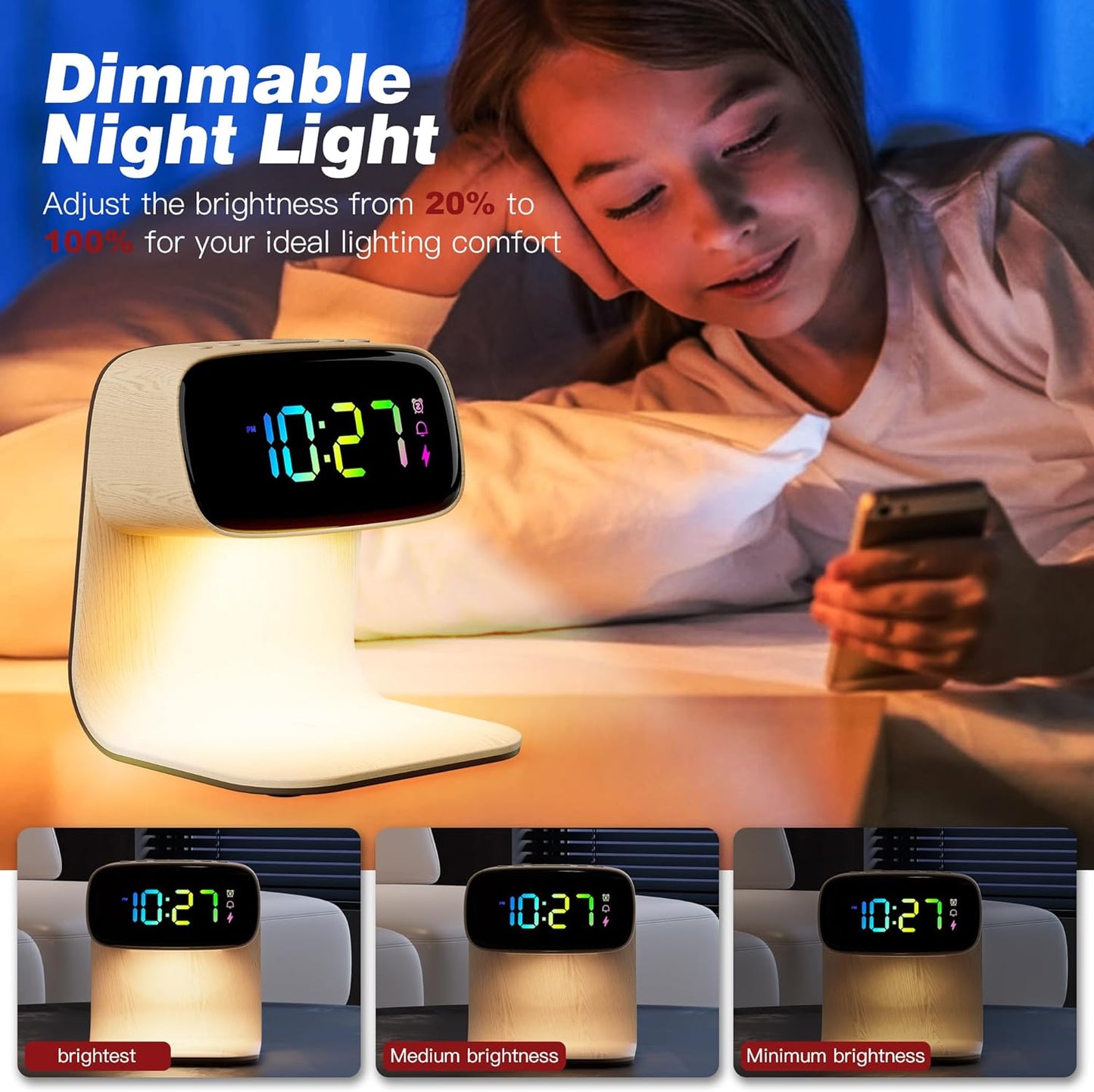 Digital Alarm Clock with Wireless Fast Charging Station 15W Touch Smart Lamp for Bedside,3 Colors Nightlight Adjustment Night Lamp for Living Room,Bedside,Heavy Sleepers (Woodgrain+Cable&Adapter)
