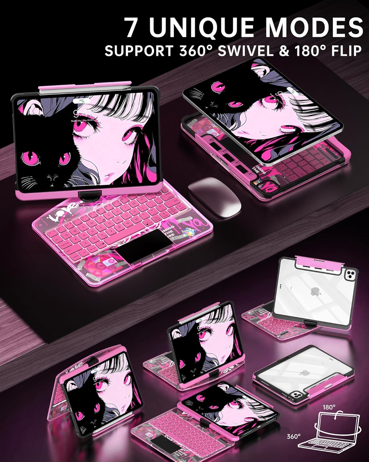 Intermerge iPad Pro 11-inch (M4, 2024) Transparent Keyboard Case, 360° Rotating Multi-Touch Trackpad, 7-Color Backlit Keyboard, Pencil Holder, Type-C Charging, Blush Pulse