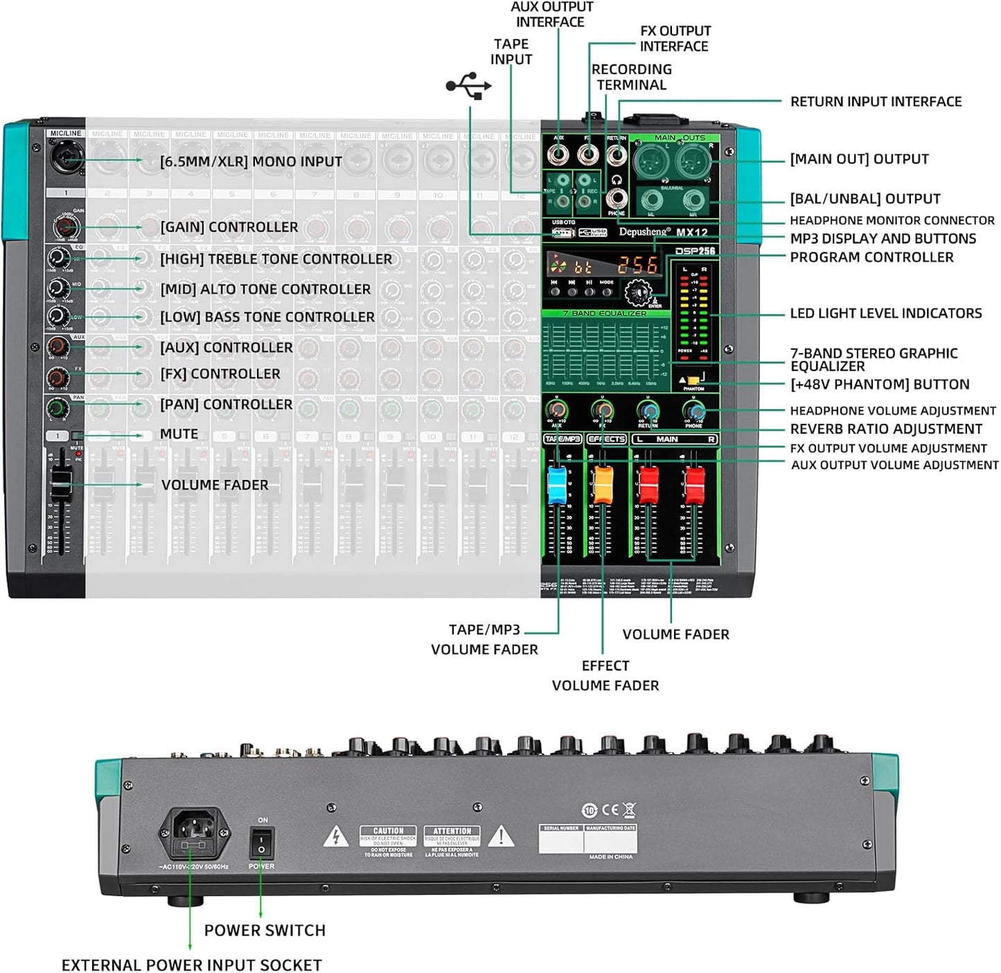 Depusheng MX12 12 Channel Sound Mixer Audio Mixing Console 48V 256DSP Professional USB PC Play Record Podcast Live Broadcast (US MX12)