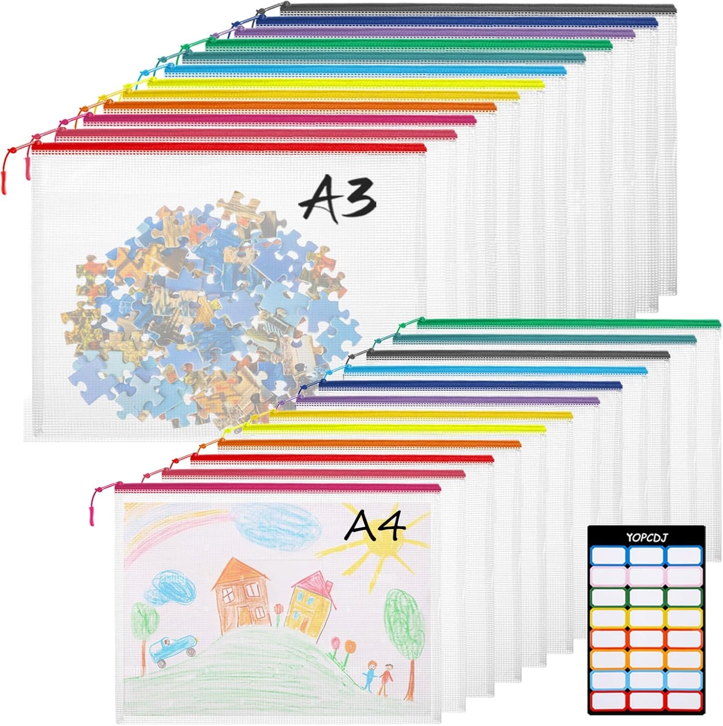 24pcs Mesh Zipper Pouch Bags, 12 Colors Extra Large 12PCS A3 and 12pcs A4, Puzzle Bag for Organizing, Classroom Must Have Storage Bag, File Bags for School, Board Games and Office Supplies