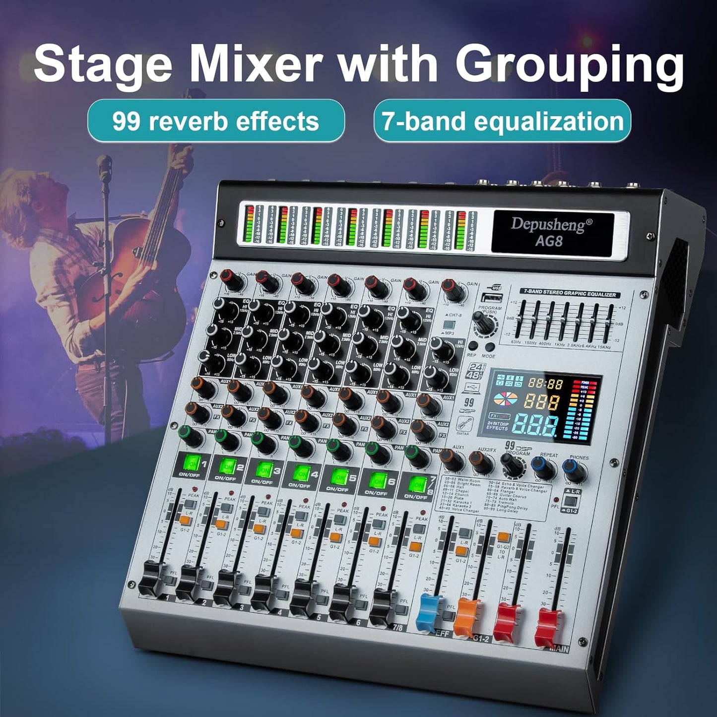 Depusheng AG8 Professional audio mixer 8 Channel with MP3 Player Source USB recording,With grouping and 2 AUX interfaces, 99DSP EFFECTfor Professional and Beginners