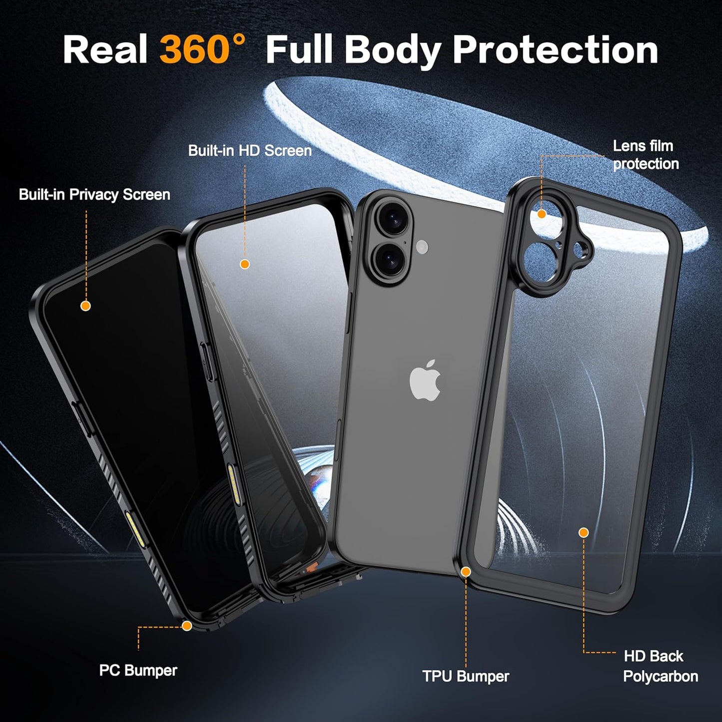 for iPhone 16 Plus Case Waterproof, Built-in Privacy Screen & HD Screen Double Front Frame [IP68 Underwater] Shockproof Dustproof Full Body Protection iPhone 16 Plus Phone Case Black