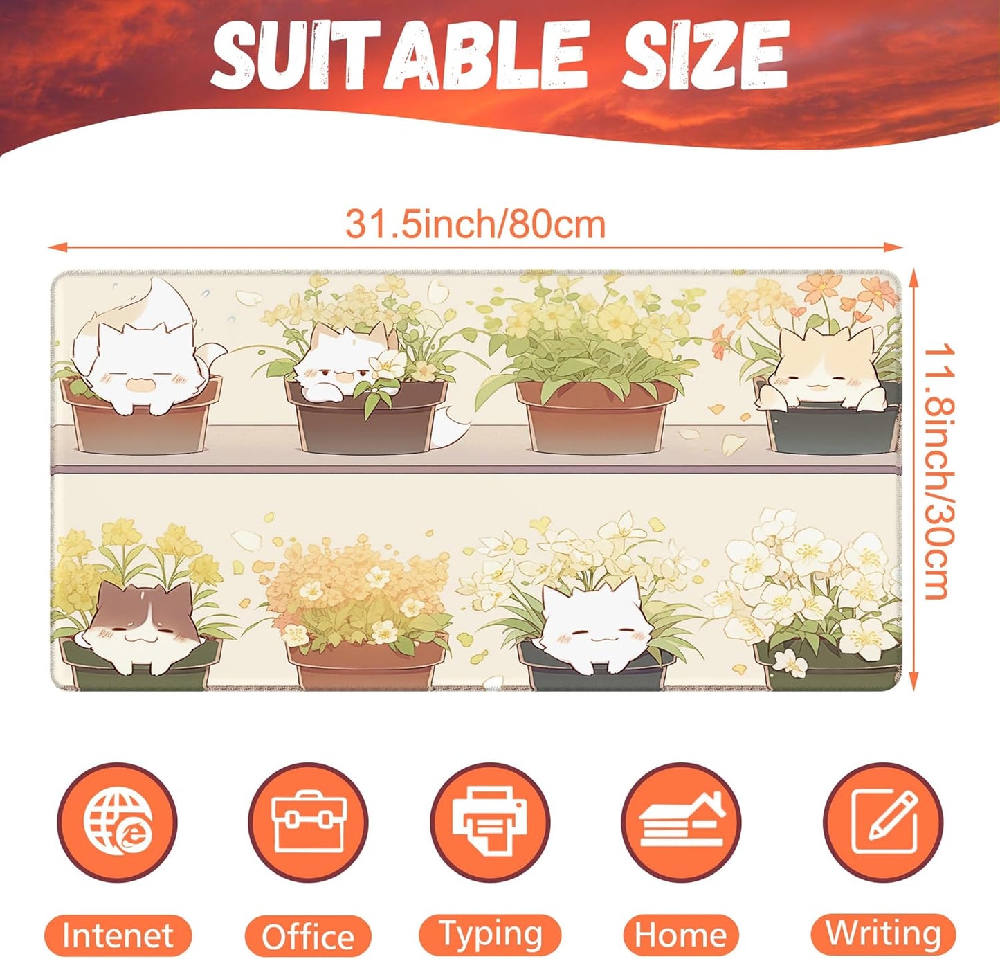Desk Pad, Cute Cat Potted Plant Desk Mat, Anime Kawaii Cat Large Gaming Mouse Pad for Desk, 31.5"x15.7" Extended Big Computer Keyboard Mouse Pad with Non-Slip Base and Stitched Edge