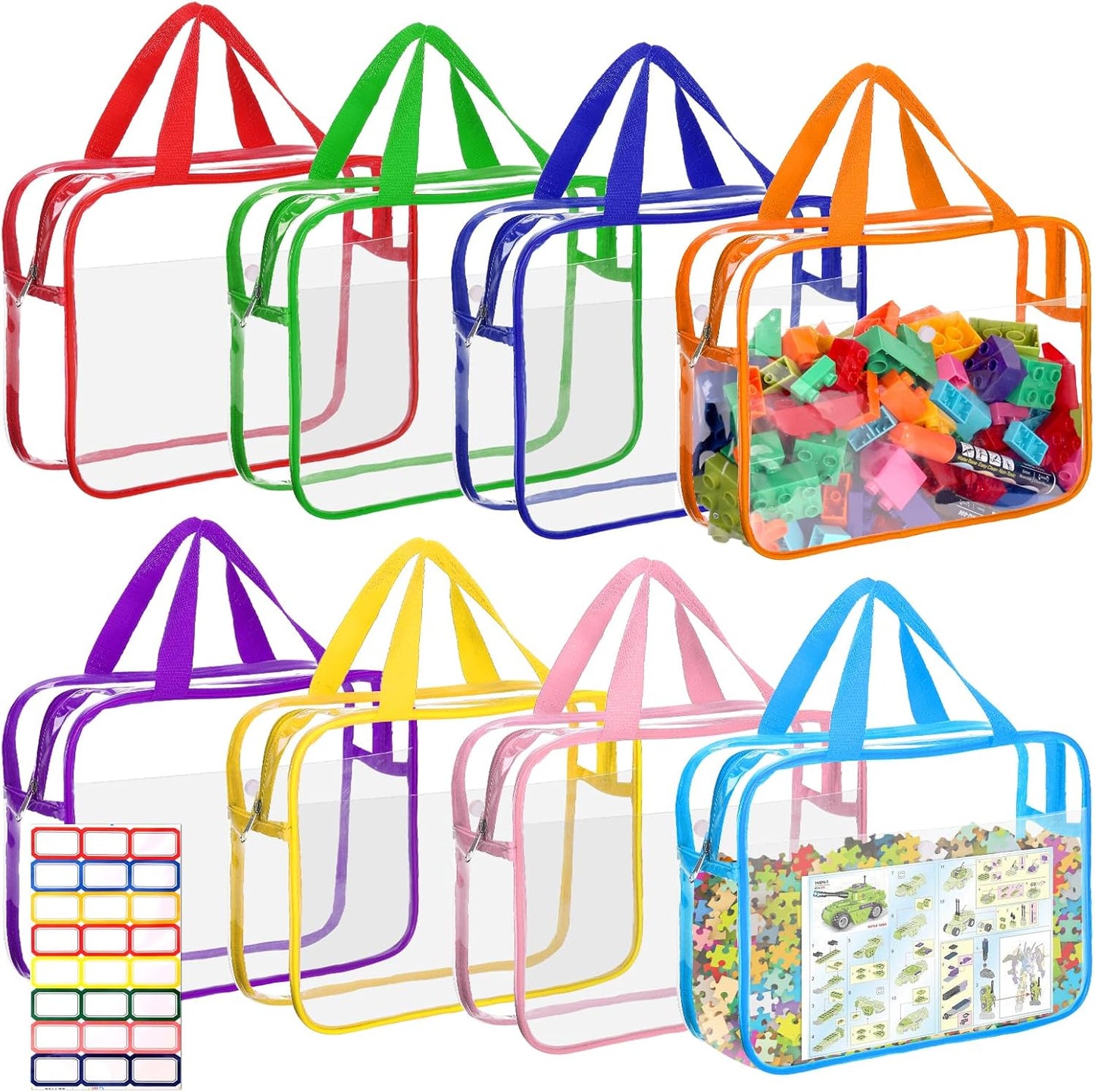 8 Packs Large Toy Storage Bags with Labels&Manual Pocket, Reusable Clear PVC Board Game Storage Bags, Travel Waterproof Organizer Bags with Zipper for Building Blocks, Puzzle, Toys