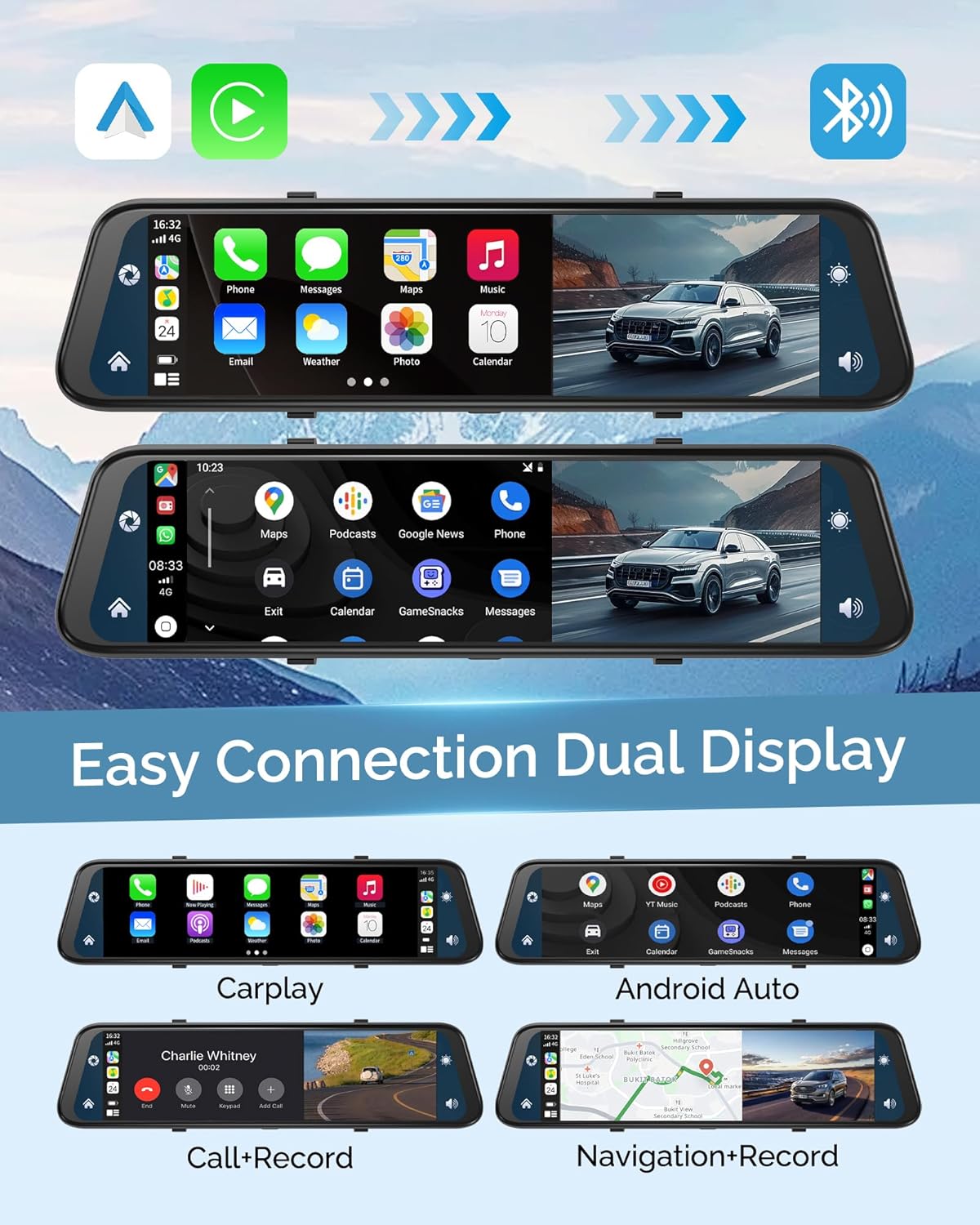 12'' Rearview Mirror Camera with CarPlay&Andorid Auto,4K Mirror Dash Cam Front and Rear Backup Camera with Reverse Assist/Loop Record/G Sensor/Voice Control&Split Touch Screen,64GB Card Included