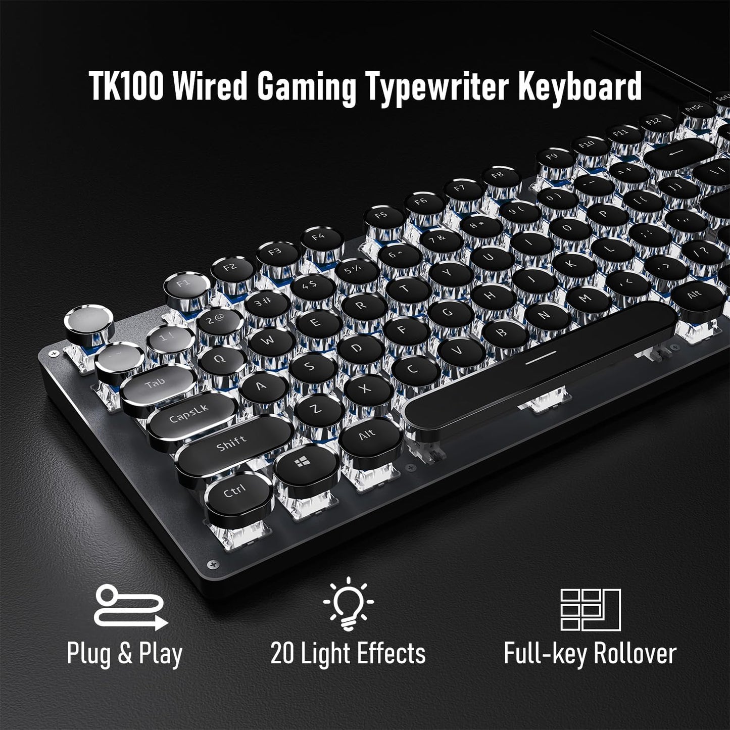 EWEADN TK100 Typewriter Keyboard Wired Mechanical Keyboard, 104 Keys Aesthetic Typewriter Keyboards with White Backlit, Anti-Ghosting, Blue Switch Wired Cute Keyboards-Black