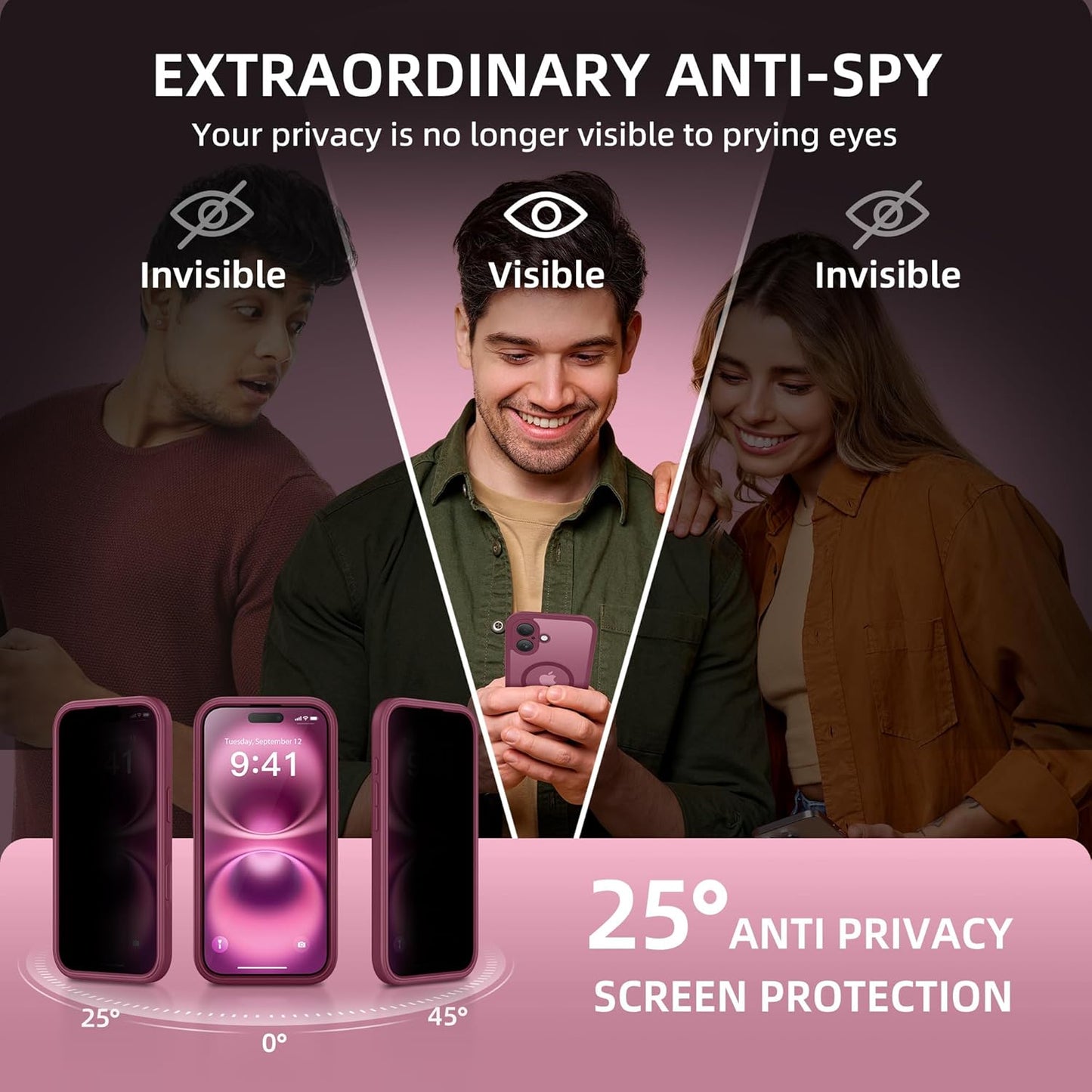 BERFY Magnetic for iPhone 16 Plus Case, Compatible with MagSafe, Built-in Privacy Screen Protector and Upgraded Camera Protection, Anti-Spy Full Body Shockproof Phone Case for 16 Plus 6.7", Dark Red