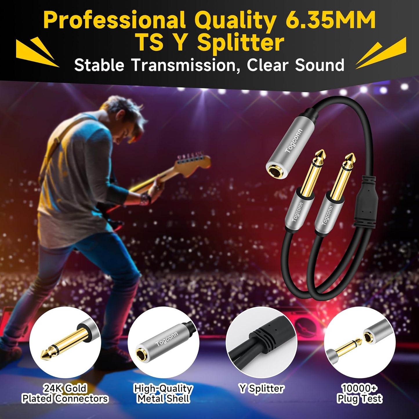 1/4 inch TS Mono Splitter Y Adapter, 6.35mm Mono Female to Dual 6.35 mm TS Mono Male Jack, Quarter inch Audio Speaker Splitter Converter Cable 1 Feet, Gold Plated Connectors