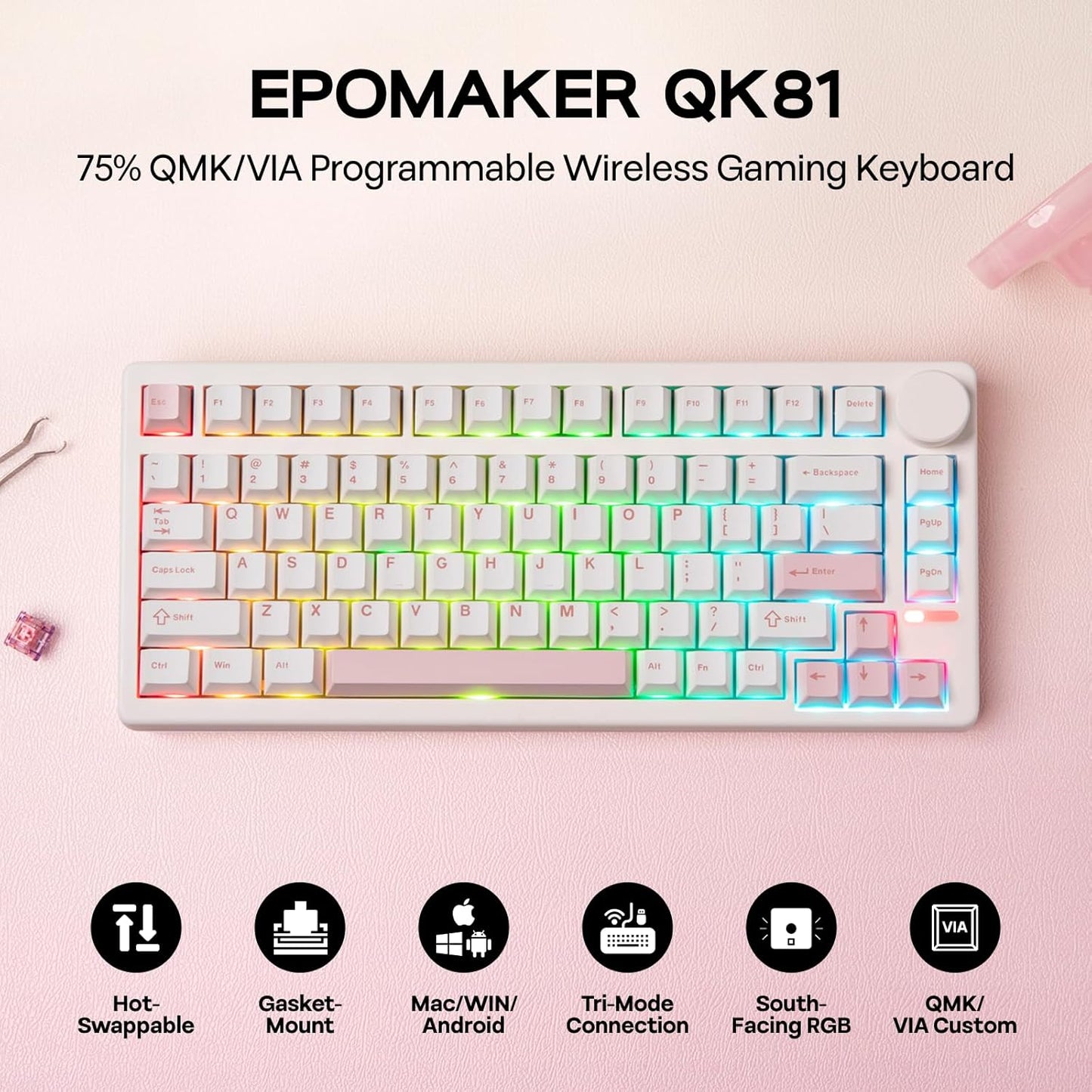 EPOMAKER QK81 75% Wireless Mechanical Gaming Keyboard, QMK/VIA Programmable and Hot-Swappable, 81 Keys with Metal Knob, 2.4Ghz/BT/USB, Creamy Gasket-Mount, RGB Backlight (White, Flamingo Switch)