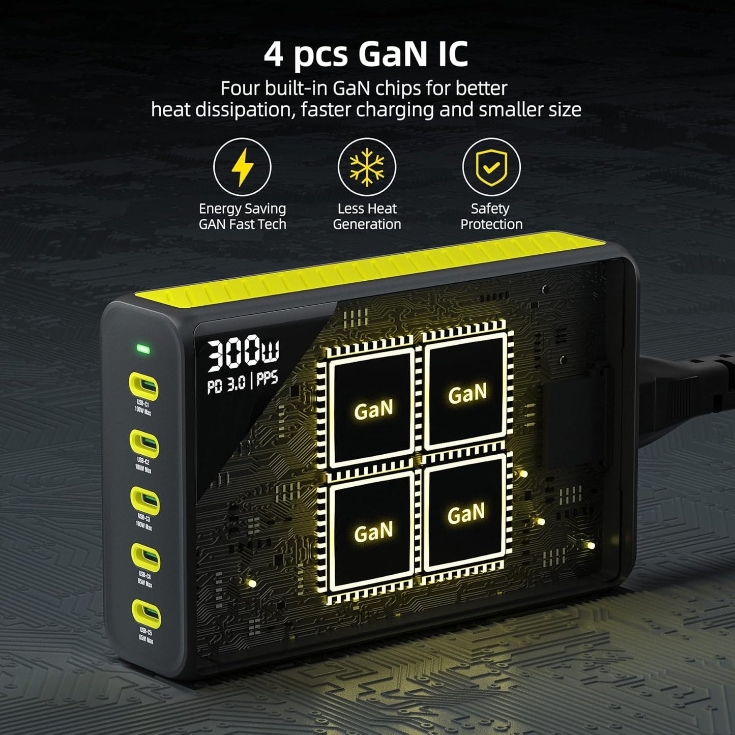 HUNDA 300W USB C Charger GaN Charging Station Desktop 5 Ports PD 100W Fast Power Adapter Support PD3.0 /PPS 45W /QC5 for MacBook Pro/Air, iPhone 15 Pro,Samsung,HP,Dell etc