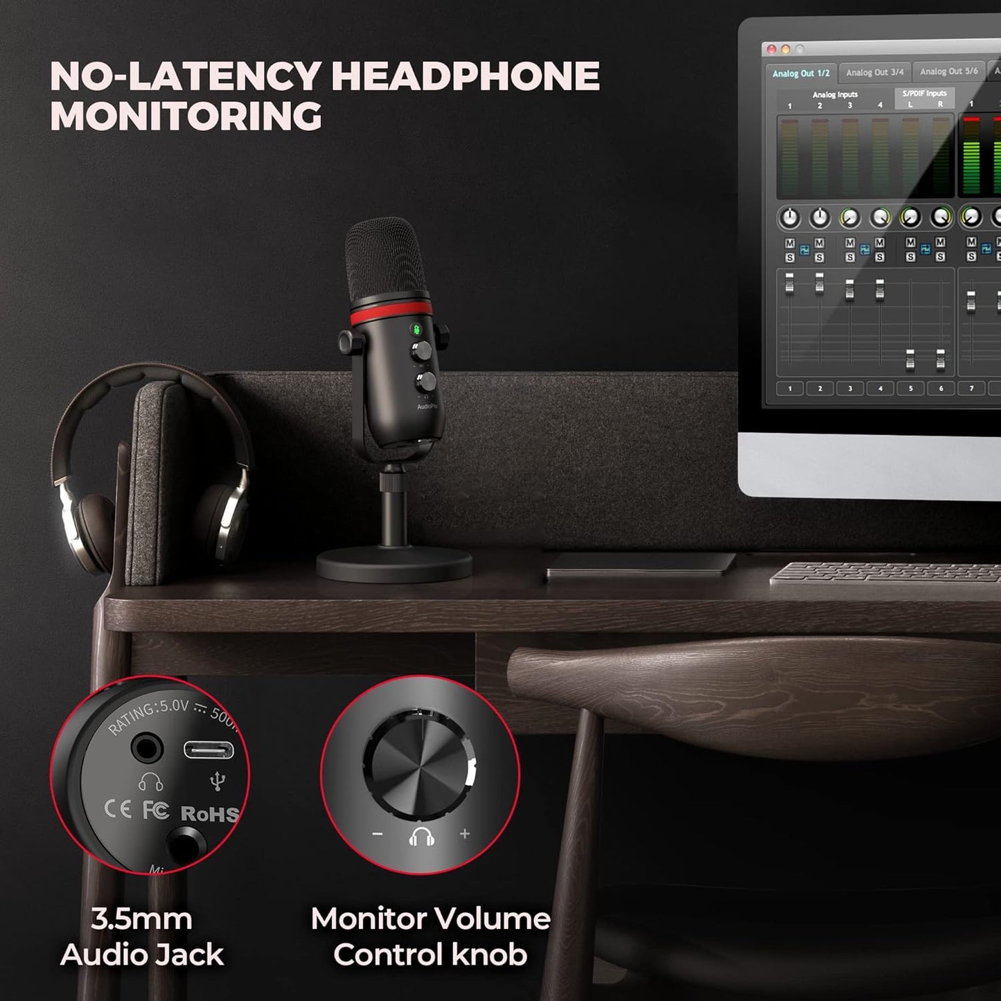 AUDIOPRO USB Microphone, Computer Condenser Gaming Mic for PC/Laptop/PS4/5, Headphone Output, Volume Control, USB Type C Plug and Play, LED Mute Button, for Streaming, Podcast, Studio Recording