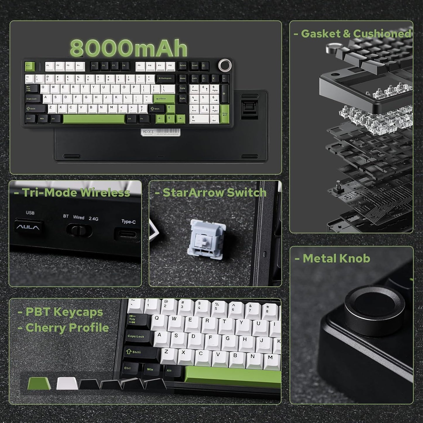 EPOMAKER X Aula F99 PRO Wireless Gaming Keyboard with 8000mAh Battery, Hot Swappable Creamy Keyboard, 2.4GHz/Type-C/BT5.0, NKRO, RGB Backlit for Win/Mac/Gaming (Black&White&Green)