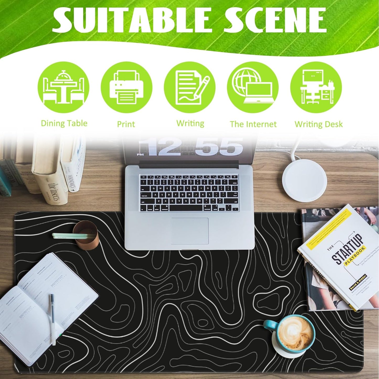 Desk Mat,Black Topographic Contour Map Desk Pad,Topographic Contour Large Gaming Mouse Pad for Desk,Extended Big Computer Keyboard Mouse Pad with Non-Slip Base and Stitched Edge,35.4"x15.7"