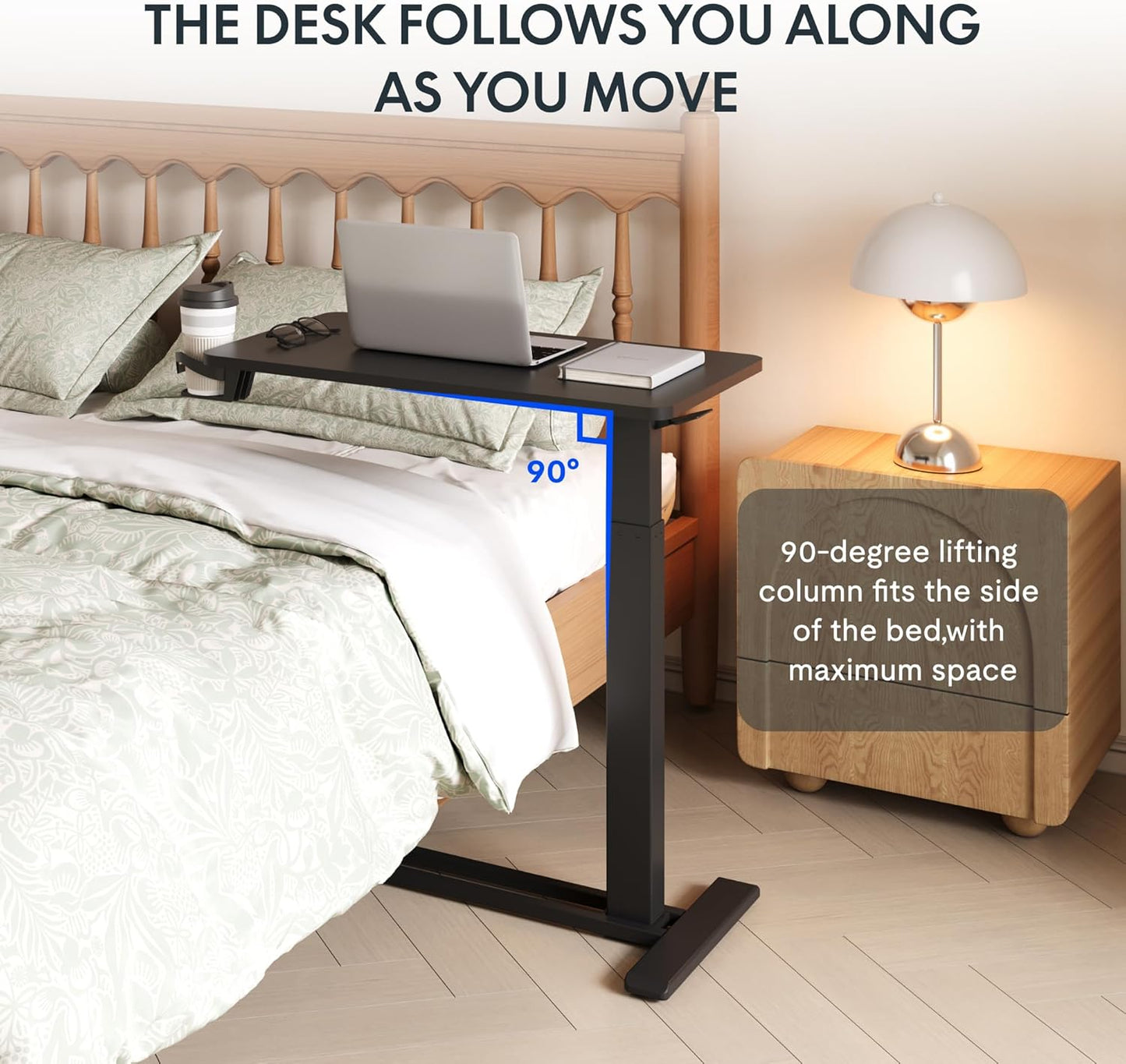 FLEXISPOT H7 Adjustable Overbed Bedside Table with Wheels Pneumatic Mobile Standing Desk Laptop Desk Rolling Computer Cart Movable Overbed Table Hospital Home Use(31.5" W x 17.7" D, Black Large)