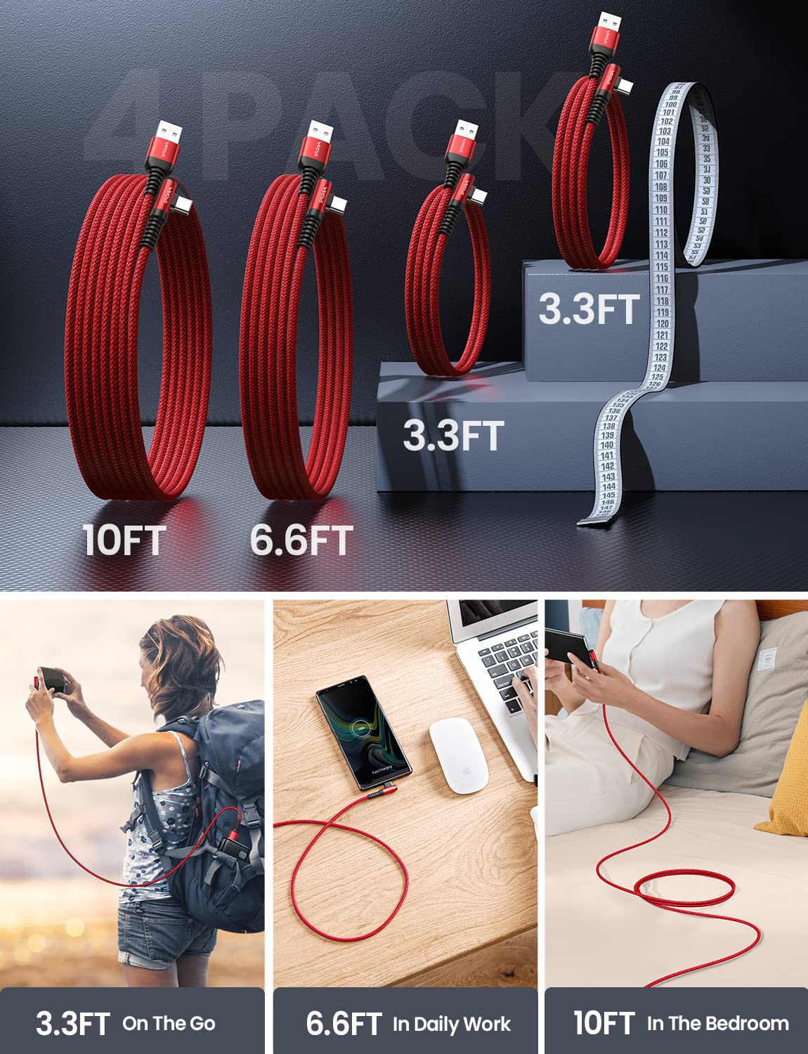 AINOPE USB C to USB Cable [4-Pack 10/6.6/3.3/3.3ft] 3.1A USB Fast Charge Right Angle, Resistant Nylon Braided USB C Charging Cable Compatible with Galaxy S21 S20 Plus, Note 20 10 9, Moto