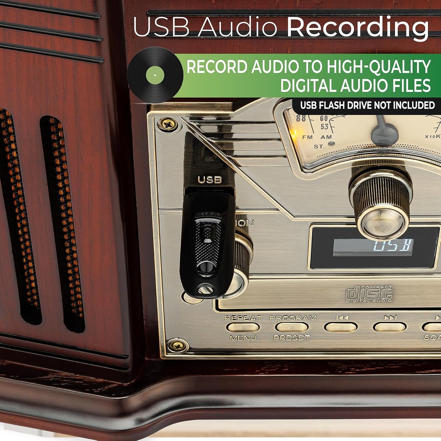 ClearClick All-in-One Turntable with 3-Speed Record Player, Bluetooth, CD, Cassette Tape, AM/FM Radio, Aux, USB, Built-in Speakers, Handmade Wooden Exterior