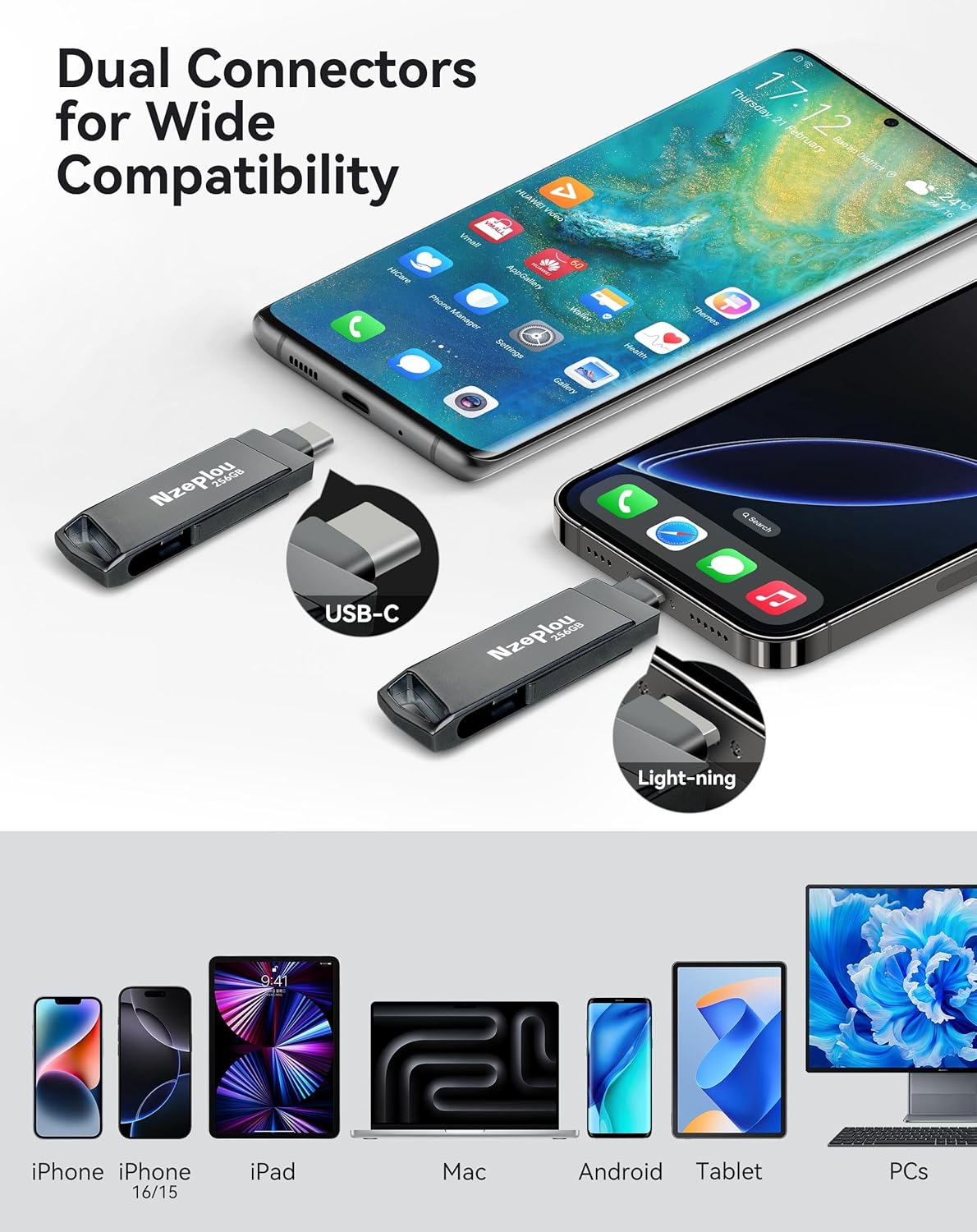 256GB Flash Drive for iPhone iPad, USB3.0 High-Speed Memory Stick No App Needed, Lightening & USB-C External Memory Storage for Photos Videos, Picture Backup Thumb Drive Plug & Play (Space Gray)