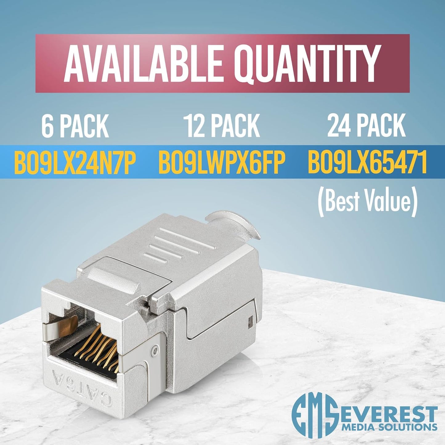 Everest Media Solutions RJ45 Shielded Keystone Jack - 6-Pack - Slim Profile, 90 Degrees, F/STP Female Connector - Tested for CAT5e, CAT6, CAT6A, CAT7 - up to 10GB Speed