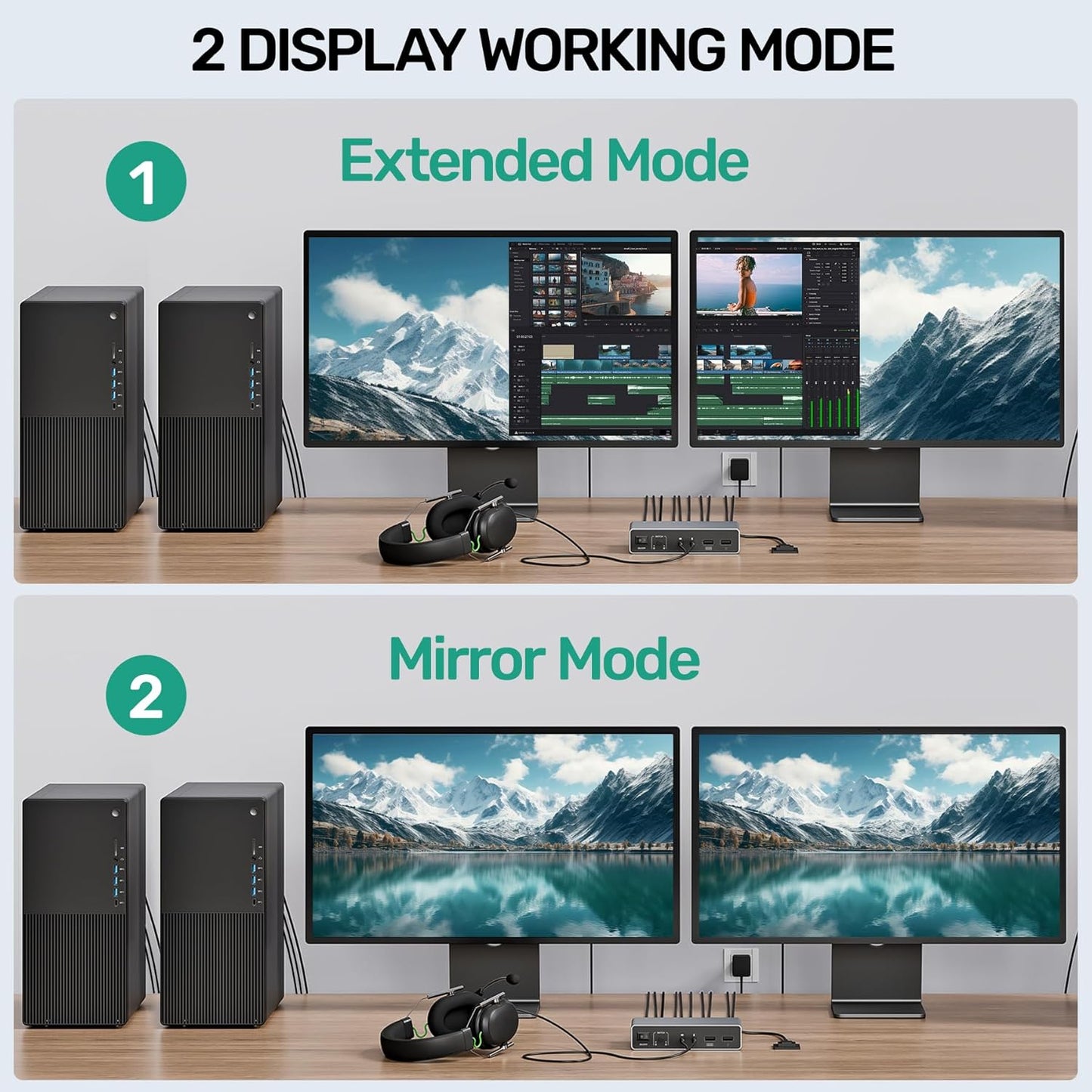 HDMI KVM Switch 2 Monitors 2 Computers, Dual Monitor KVM USB Switcher 4K@60Hz, HDMI Extended/Mirror Display for 2 PC Share 2 Monitors, with 3 USB 3.0 Port, Desktop Controller and 2 USB Cables