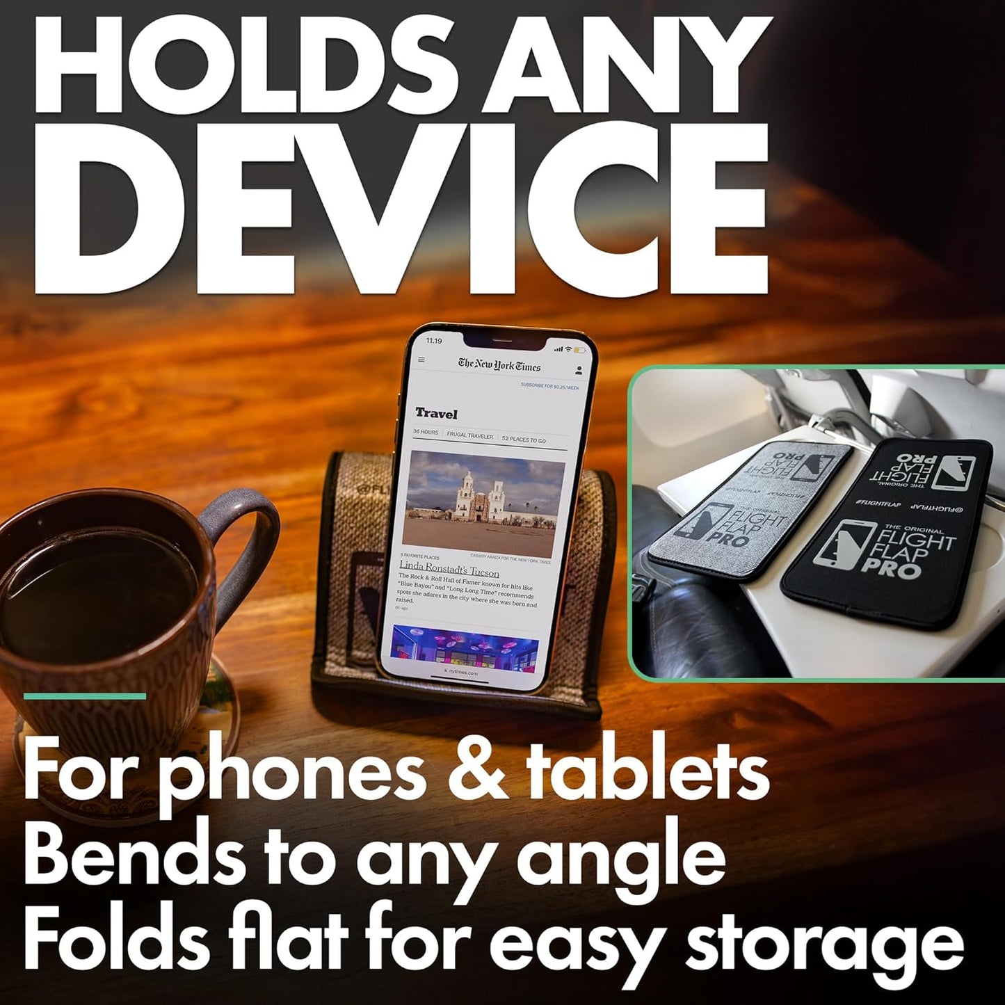 Airplane Phone Holder, Flexible Tablet and Cell Phone Holder, Folding Cellphone Stand for Desk, Bed, Office, Treadmill - Airplane Accessories Long Flight Travel - Plane Essentials (Pro)