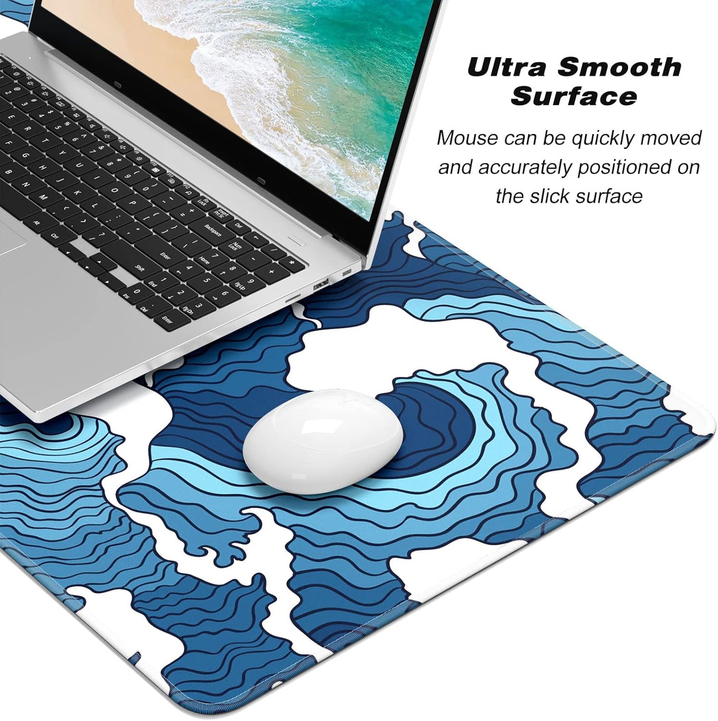 Extended Gaming Mouse Pad, Japanese Blue White Wave Mousepad, XL Large Mouse Mat Desk Pad 30 x 14 Inch, Waterproof Anime Mouse Pad with Stitched Edges and Non-Slip Base for Office Gaming