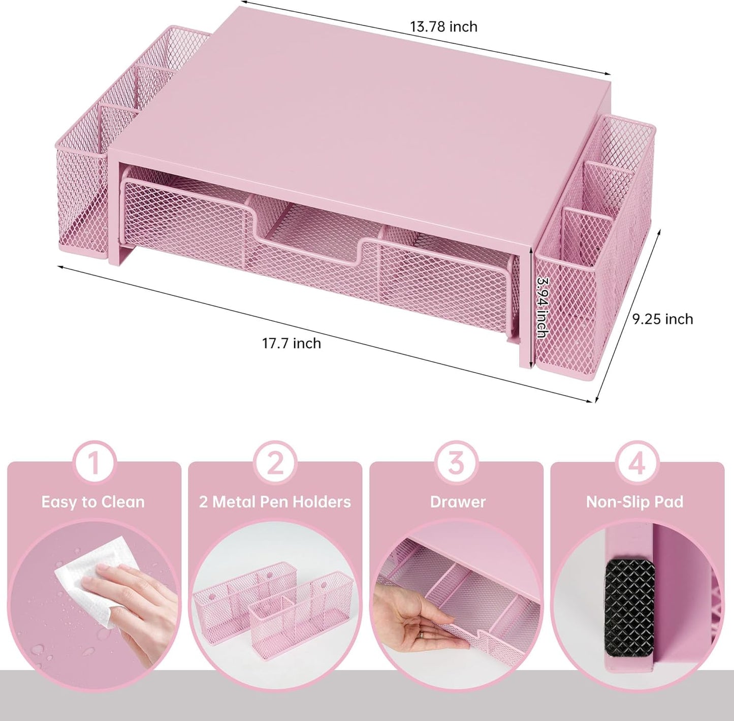 Computer Monitor Stand Riser with Drawer and Pen Holders, Desk Organizer Shelf and Accessories, Office Desk Accessories, Office Organization, Pink