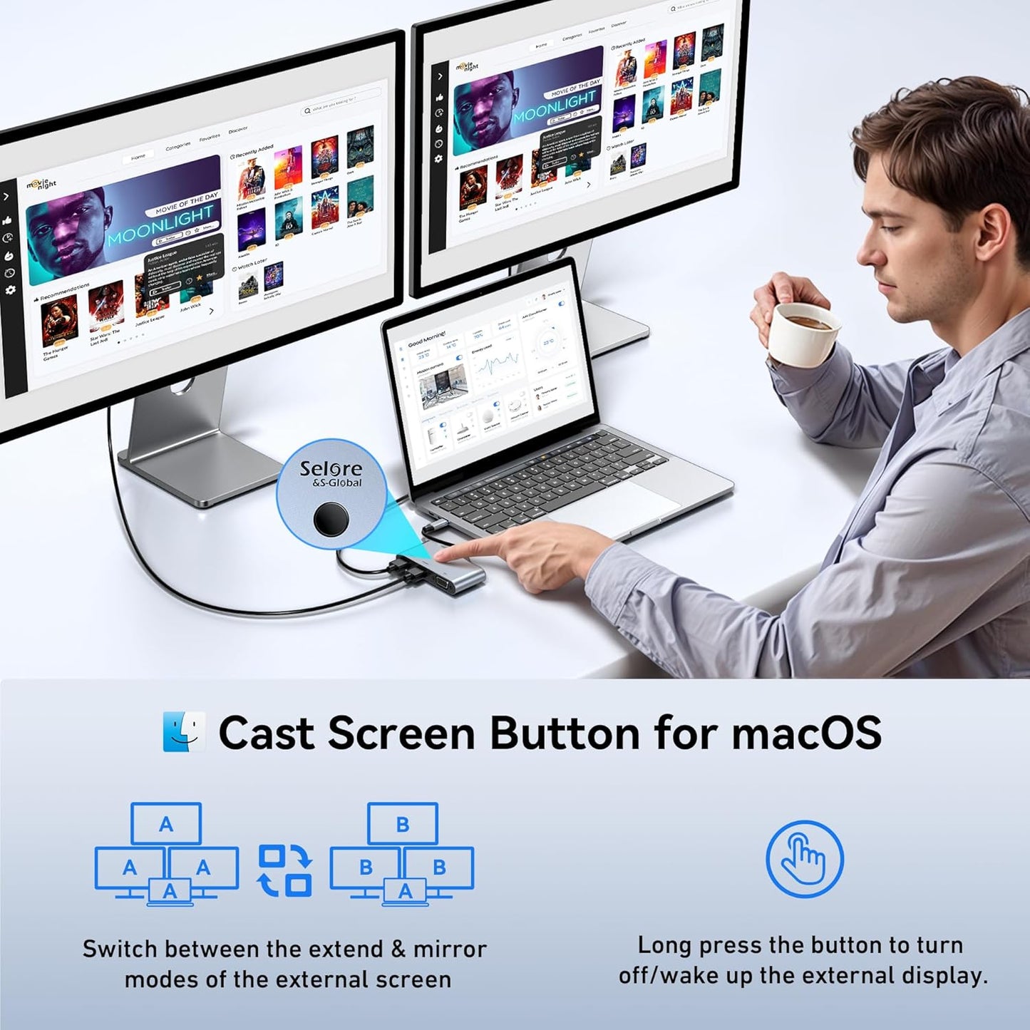 Selore USB C Docking Station 3 Monitors, USB C to Dual HDMI VGA Adapter with One-Touch Multi-Screen Switch and Screen On/Off Button, HDMI Splitter Converter for Dell, HP, Lenovo,MacBook Pro/Air, etc