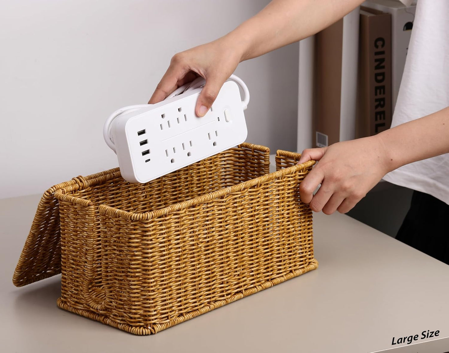 2Pack Large Cable Management Box, Handwoven Imitation Rattan Cord Organizer Cord Hider Box, Desk Wire Management to Hide Cords and Power Strips, Natural