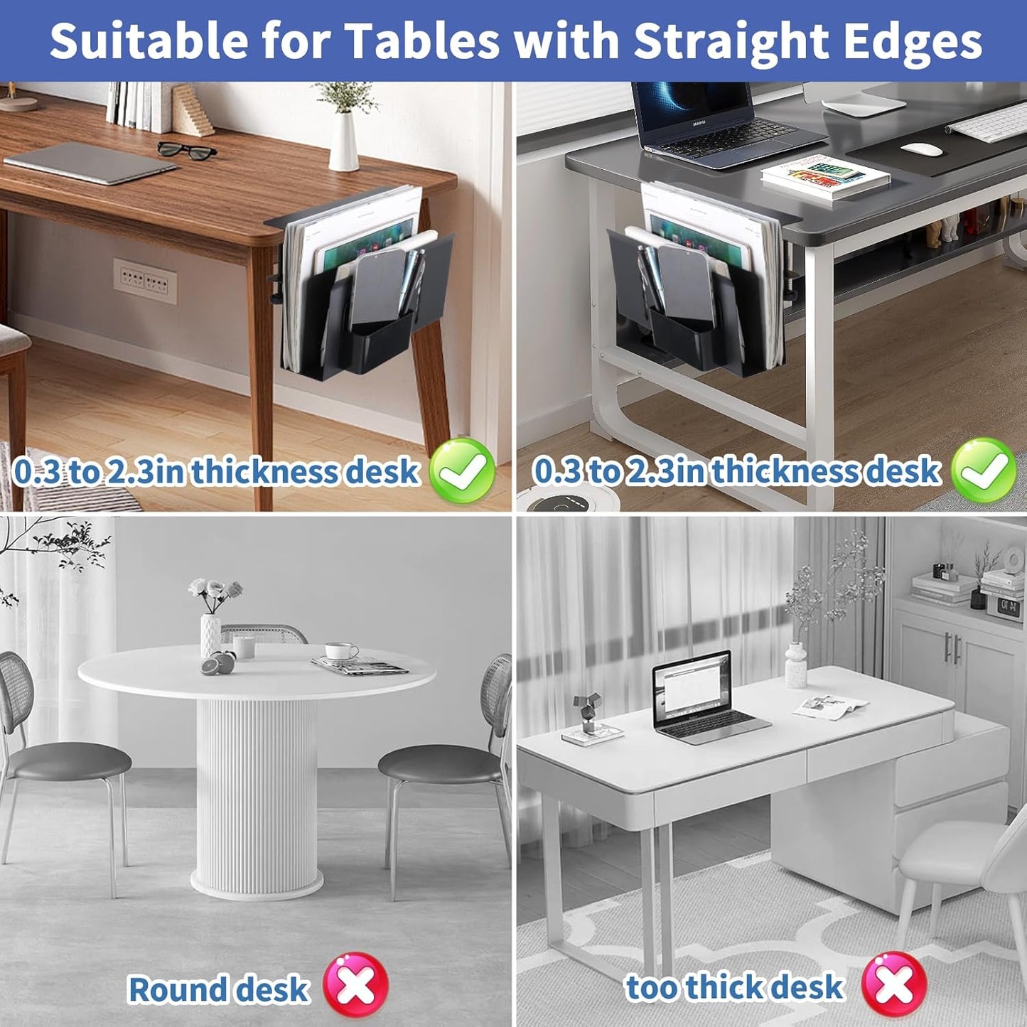 2 Tier Desk side storage, Desk Laptop Holder with Magnetic Pen Holder, No Drill Hanging Table Organizer for Office and Home Fits Flat Edge 0.3" to 2.3"