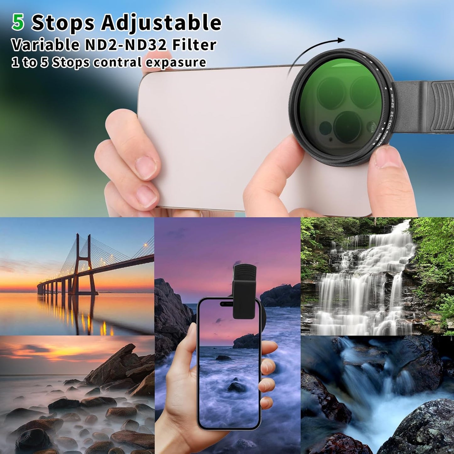 52MM Variable ND2-32 Filter for Phone, Multi-Coating Clip-On Variable Neutral Density Lens Kit, Compatible with iPhone 16/15/14/13 Pro Max, Samsung Galaxy, Google Pixel and Other Smartphone