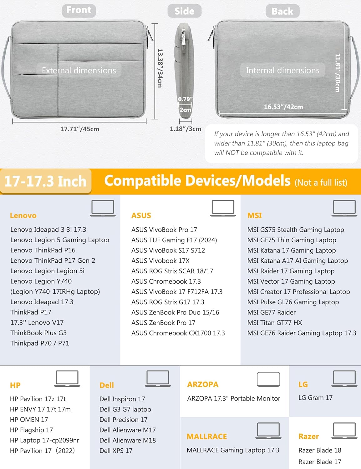 HYZUO 17-17.3 Inch Laptop Sleeve Bag Briefcase for 17" 17.3" HP/Dell/Lenovo/ASUS/LG/MSI Gaming Laptop/Razer Blade 17/18, Men Women NoteBook Protective Case Bag, Light Gray