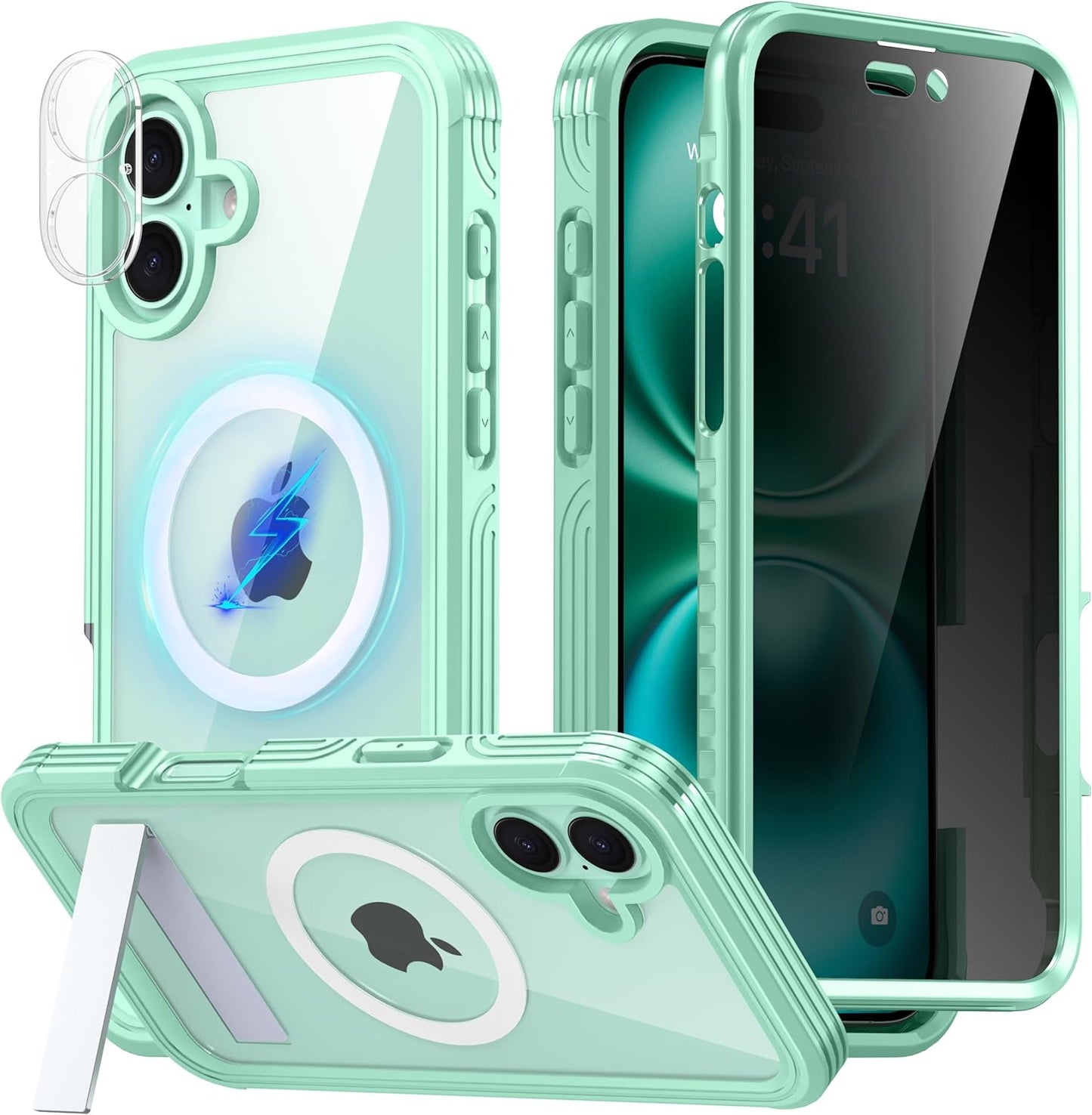 360° Protection Magnetic for iPhone 16 Case Built-in 9H Privacy Screen Protector & Metal Stand[Fit for Magsafe][Anti-Spy][Lens Protector] Heavy Duty Shockproof Phone Case for iPhone 16(Green)