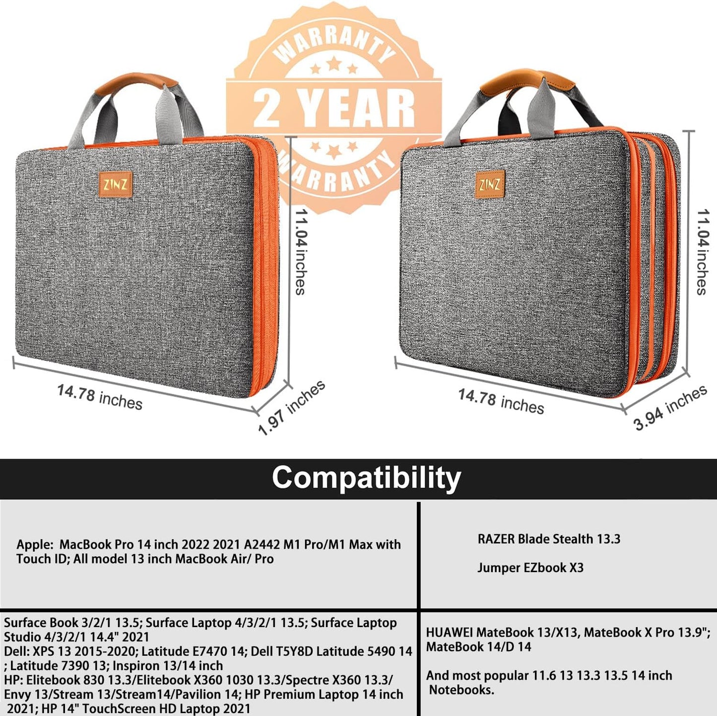 ZINZ Slim Expandable 13 13.3 13.6 14 Laptop Case Sleeve Compatible with MacBook Air/Pro 13-14 M1 M2 M3 2021-2023 Pro/Max,13.5 Surface Laptop 4/3,D01G02