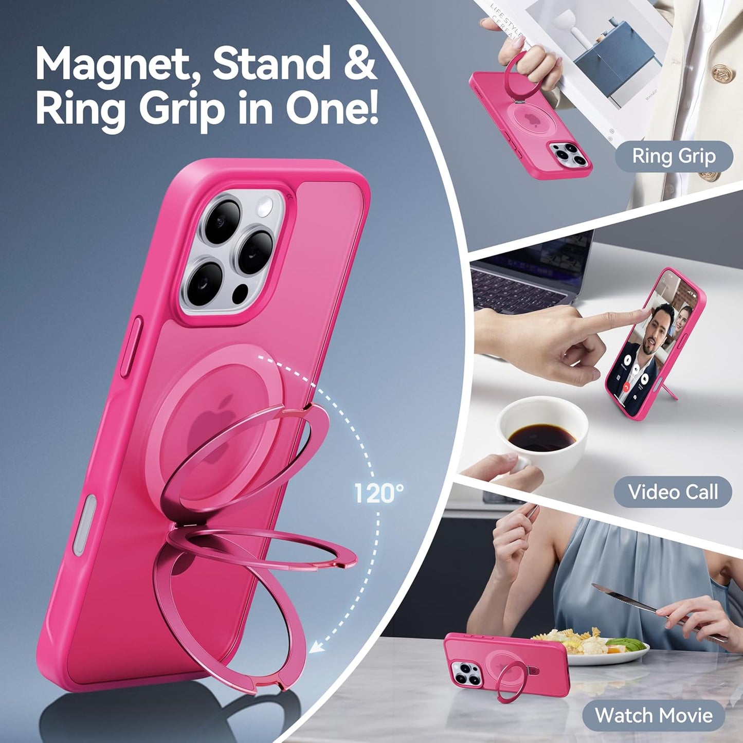 CASEKOO Designed for iPhone 16 Pro Max Case with Magnetic Invisible Stand [Military Drop Protection] [Compatible with MagSafe] Shockproof Slim Translucent Matte Promax Case 6.9 Inch, Hot Pink