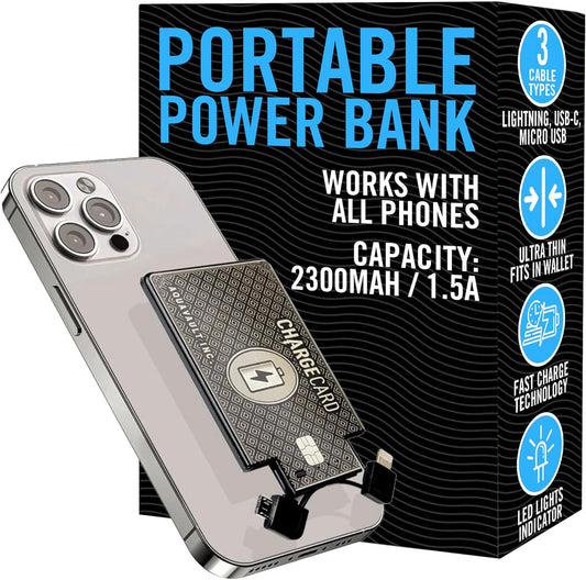 AquaVault ChargeCard – Ultra Slim Emergency Power Bank (2300mAh) – Fits in Wallet – USB-C & Micro-USB – Durable Steel Body – Flight-Safe Pocket Charger for iPhone 16/15/14/13/12, Android - (Black)