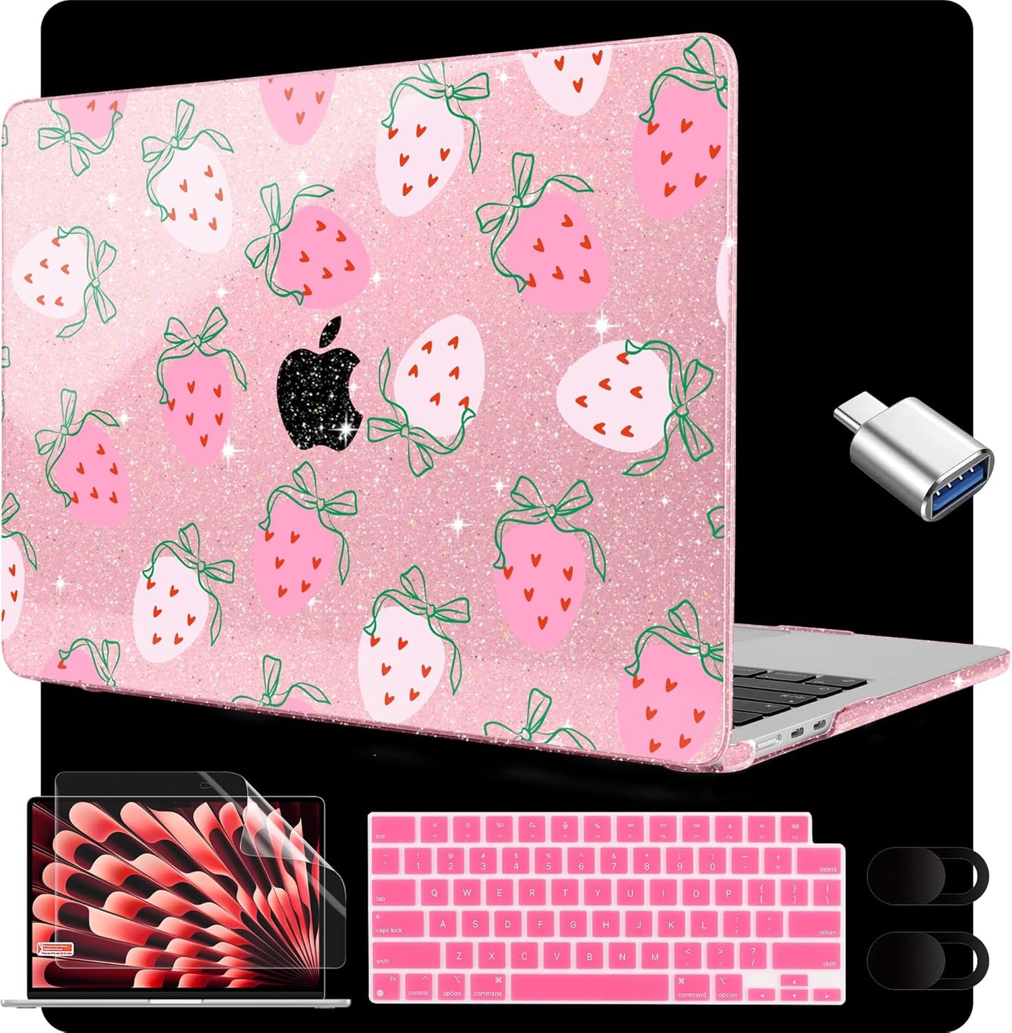 MEEgoodo for M4/M3/M2 MacBook Air 15.3 inch Case 2025 2024 2023, Case Fit Model (A3241/A3114/A2941) for MacBook Air 15 inch, Laptop Hard Shell with Keyboard Cover, Strawberry & Bow