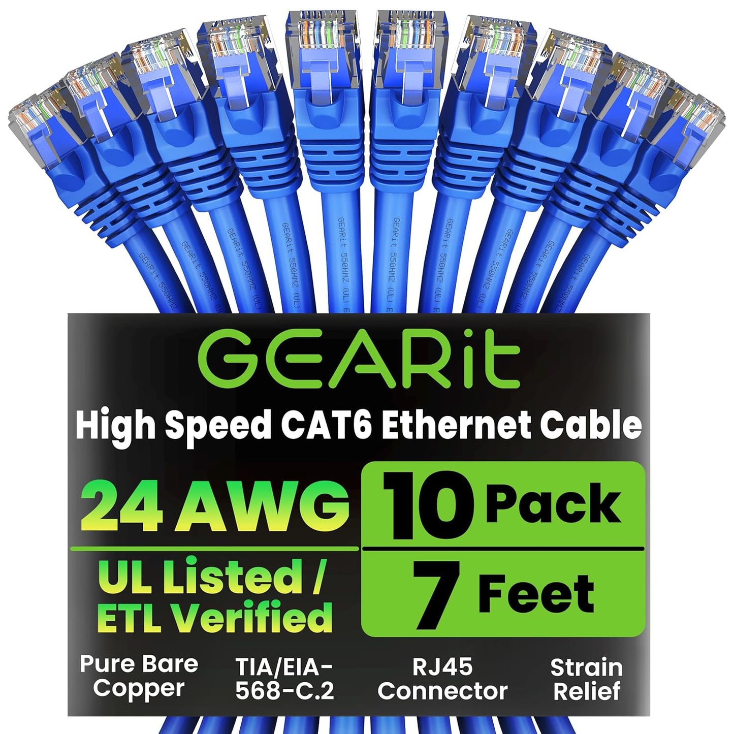 GearIT Cat 6 Ethernet Cable Pack - 10-Pack 7 ft Cat6 Ethernet Patch Cables | RJ45 Network Patch Cable, 10 Gbps Snagless Gold-Plated Connectors - Ethernet Cable Cat 6 for PC, TV, Router - Blue