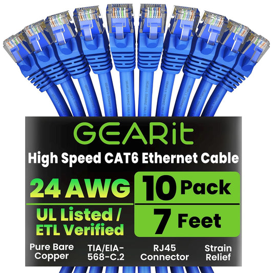 GearIT Cat 6 Ethernet Cable Pack - 10-Pack 7 ft Cat6 Ethernet Patch Cables | RJ45 Network Patch Cable, 10 Gbps Snagless Gold-Plated Connectors - Ethernet Cable Cat 6 for PC, TV, Router - Blue
