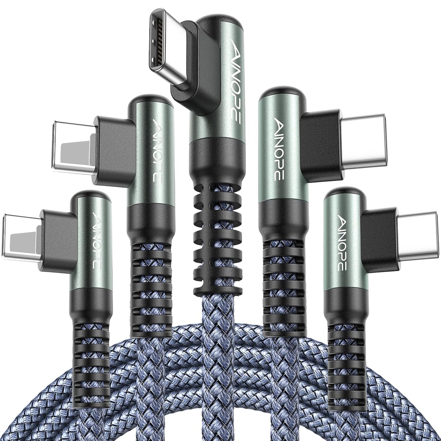 AINOPE USB to USB C Cable [5-Pack, 6.6ft] 3.1A Type C Charger Fast Charging, Right Angle USB to C Cable for Galaxy A15 A25 A35 A55 A54, S10+ S10 S9, Note 20 10 9, LG V30, Moto G, iPhone 16 15 Cord